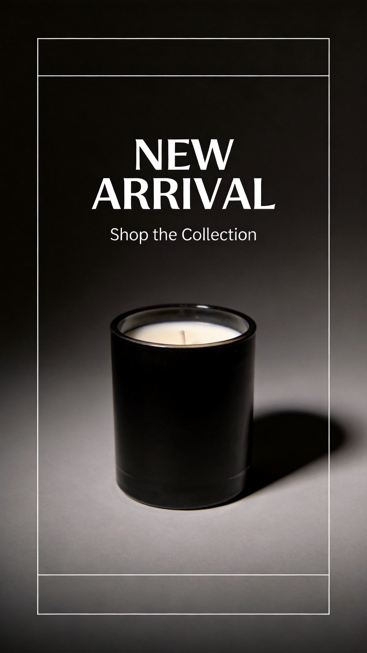 A vertical story graphic reading NEW ARRIVAL and Shop the Collection above a black ceramic candle jar, sized for mobile safe zones