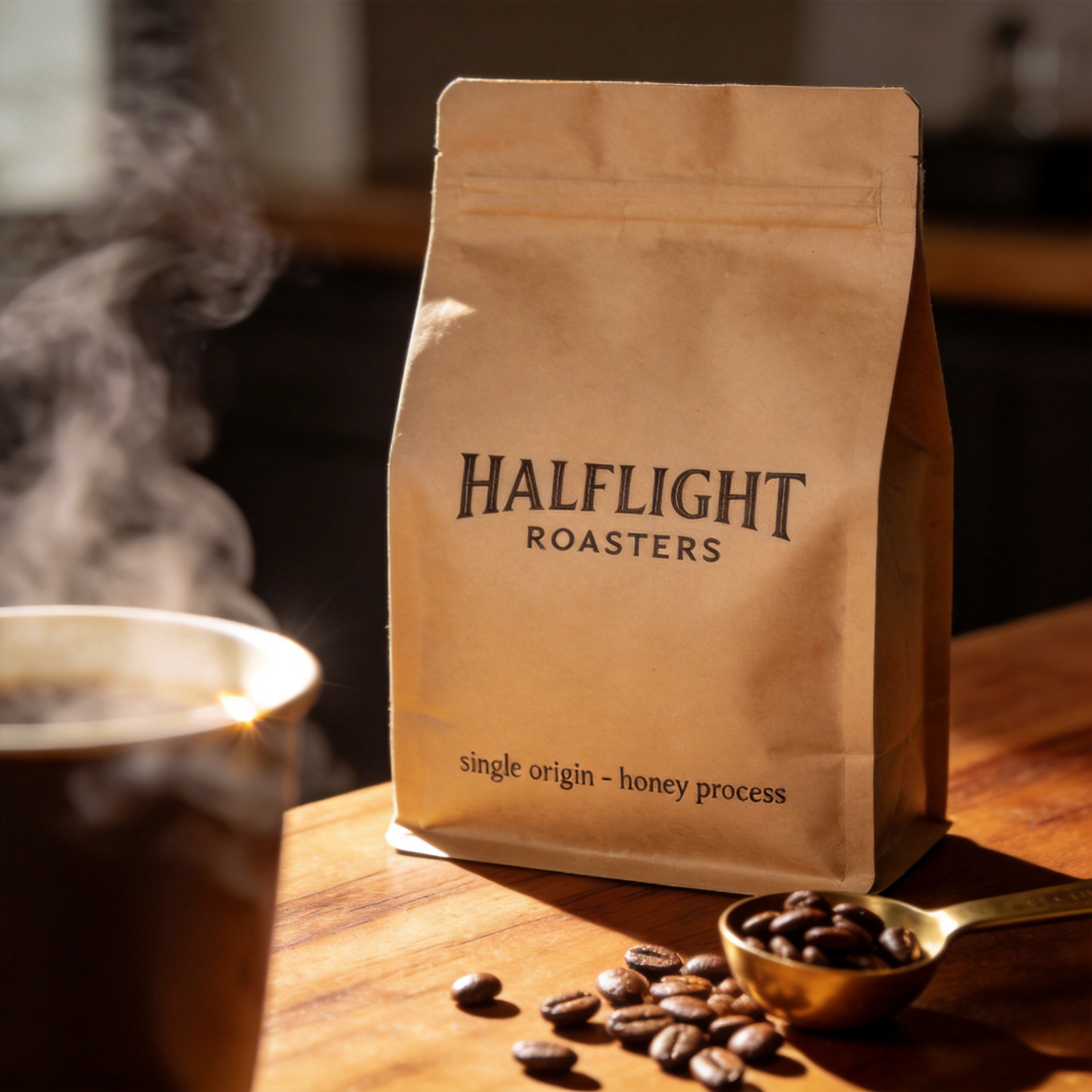 Kraft coffee bag product shot with the label HALFLIGHT ROASTERS and sub-label single origin - honey process