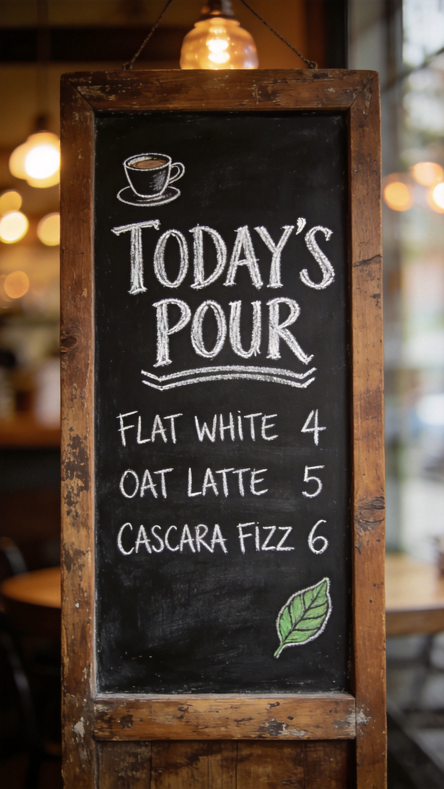 Rustic chalkboard cafe menu with heading TODAY'S POUR and menu lines FLAT WHITE 4, OAT LATTE 5, CASCARA FIZZ 6