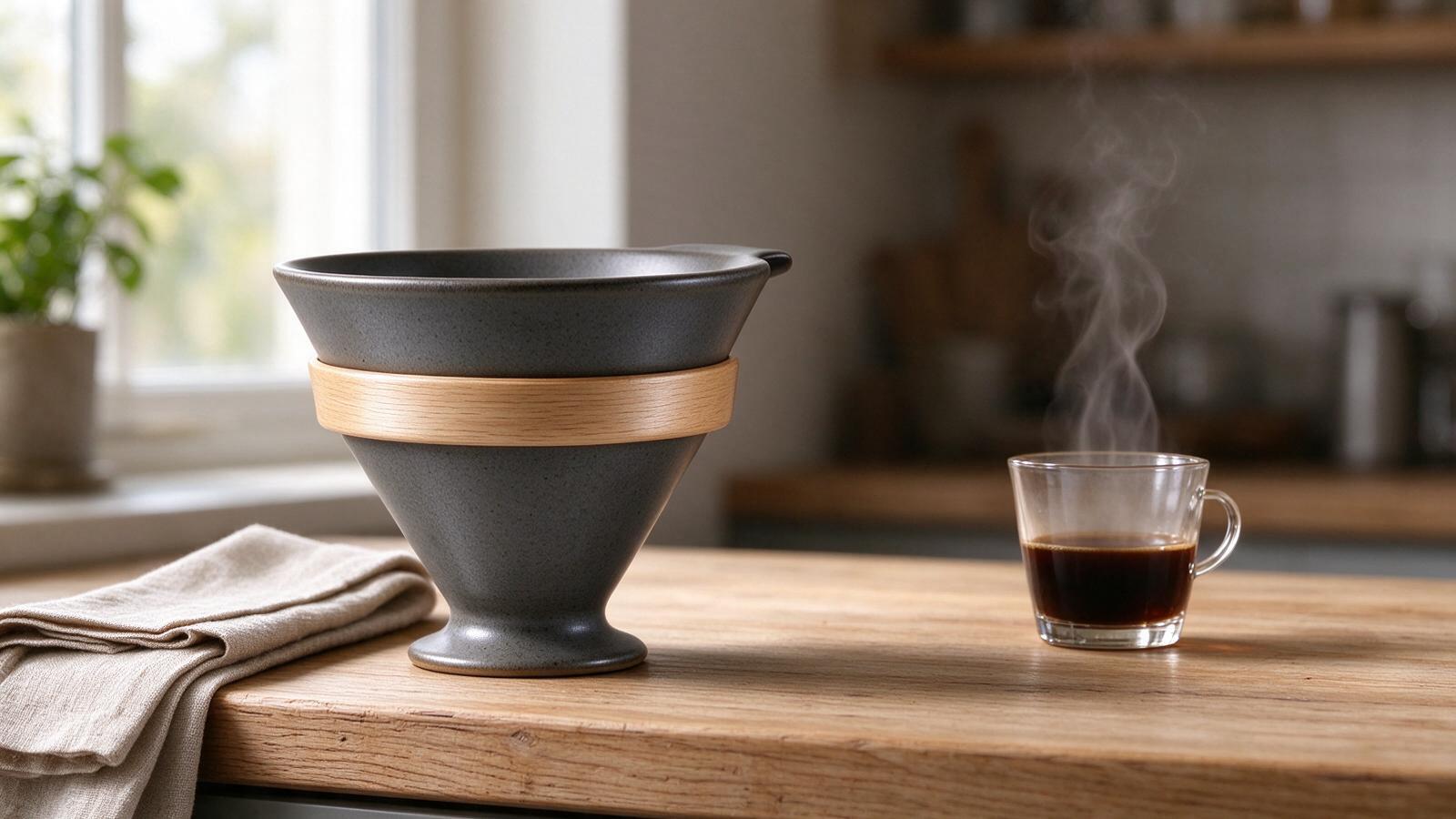 Lifestyle scene showing the same coffee dripper on a wooden kitchen counter