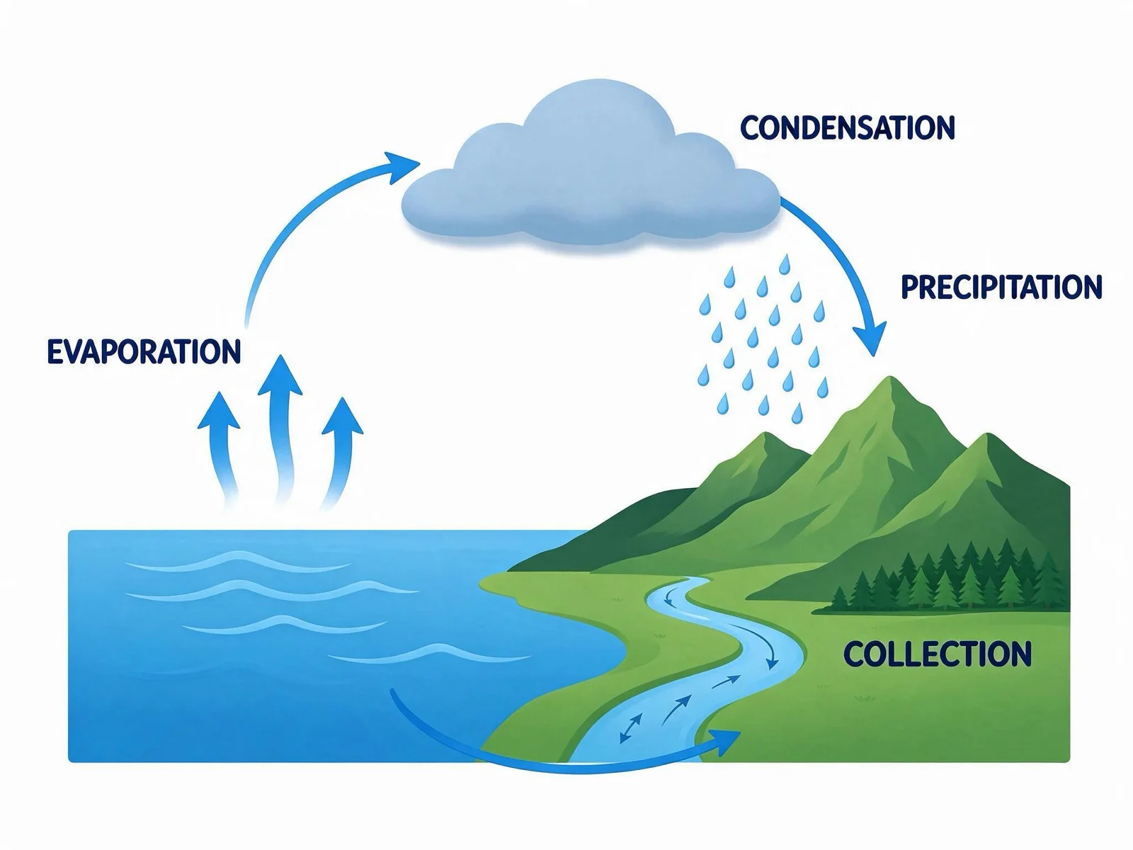 Seedream 5.0 Flash: evaporation arrows rise from the ocean to a cloud, rain falls on mountains, a river flows back to the sea, four labels in place