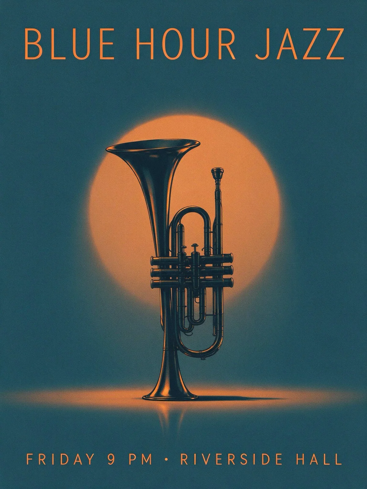 Seedream 5.0 Flash: an upright, fully detailed brass horn in an orange spotlight with BLUE HOUR JAZZ in orange at the top