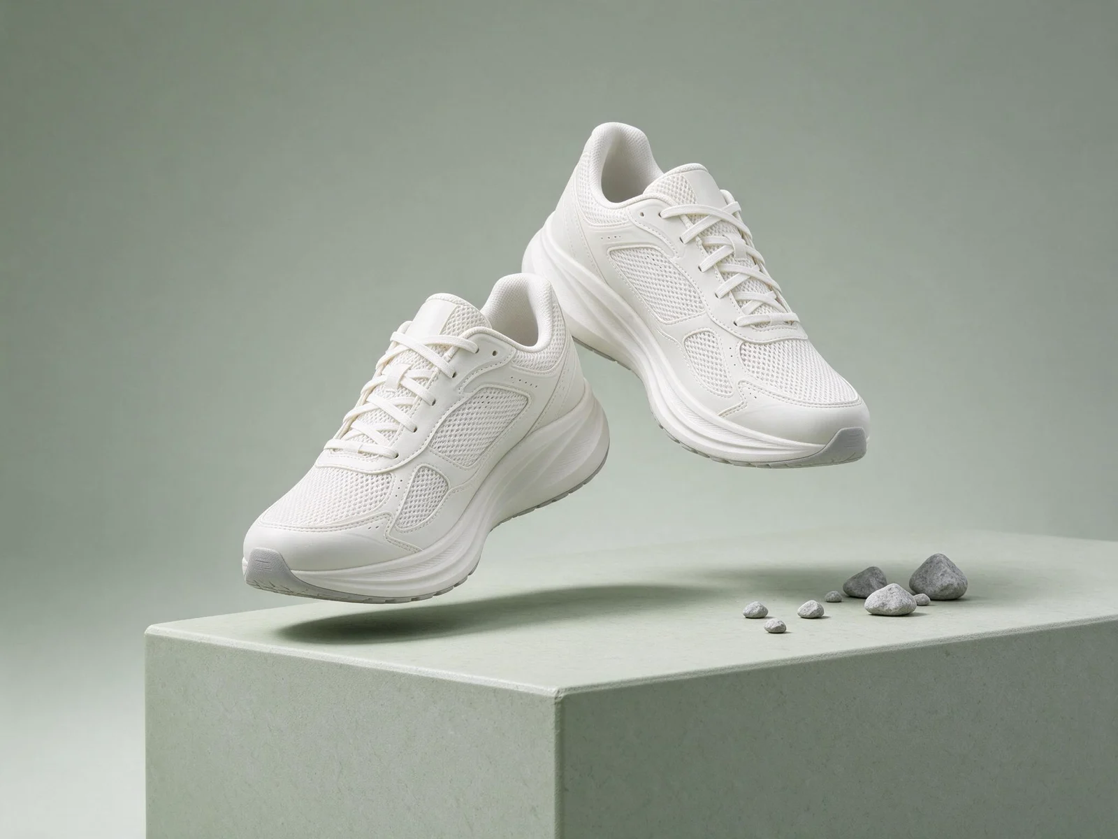 Seedream 5.0 Flash: two white running shoes floating large in frame above a sage plinth with pebbles, sage background