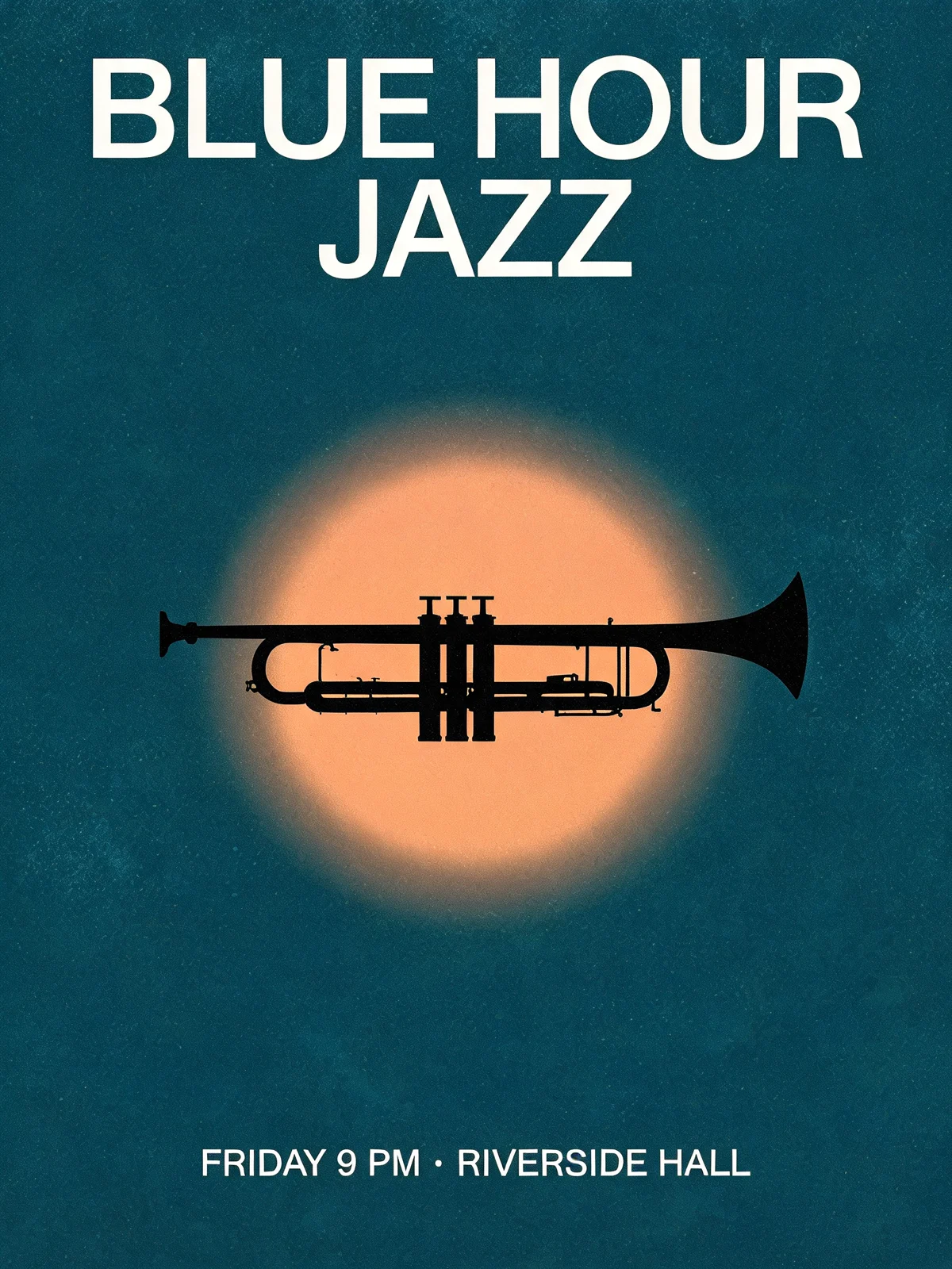 Seedream 5.0 Lite: a black trumpet silhouette lying horizontally across an orange spotlight, BLUE HOUR JAZZ in large white type
