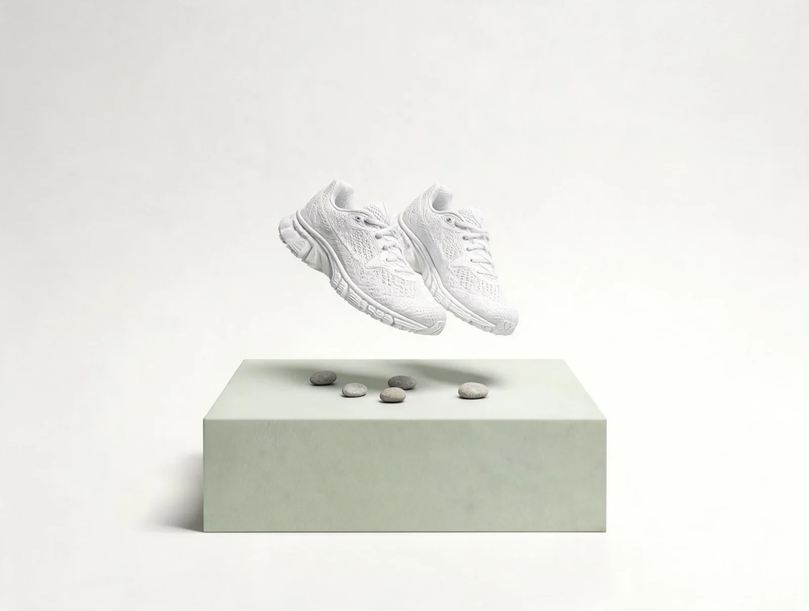 Seedream 5.0 Lite: small white shoes floating above a centered sage plinth on a pale background