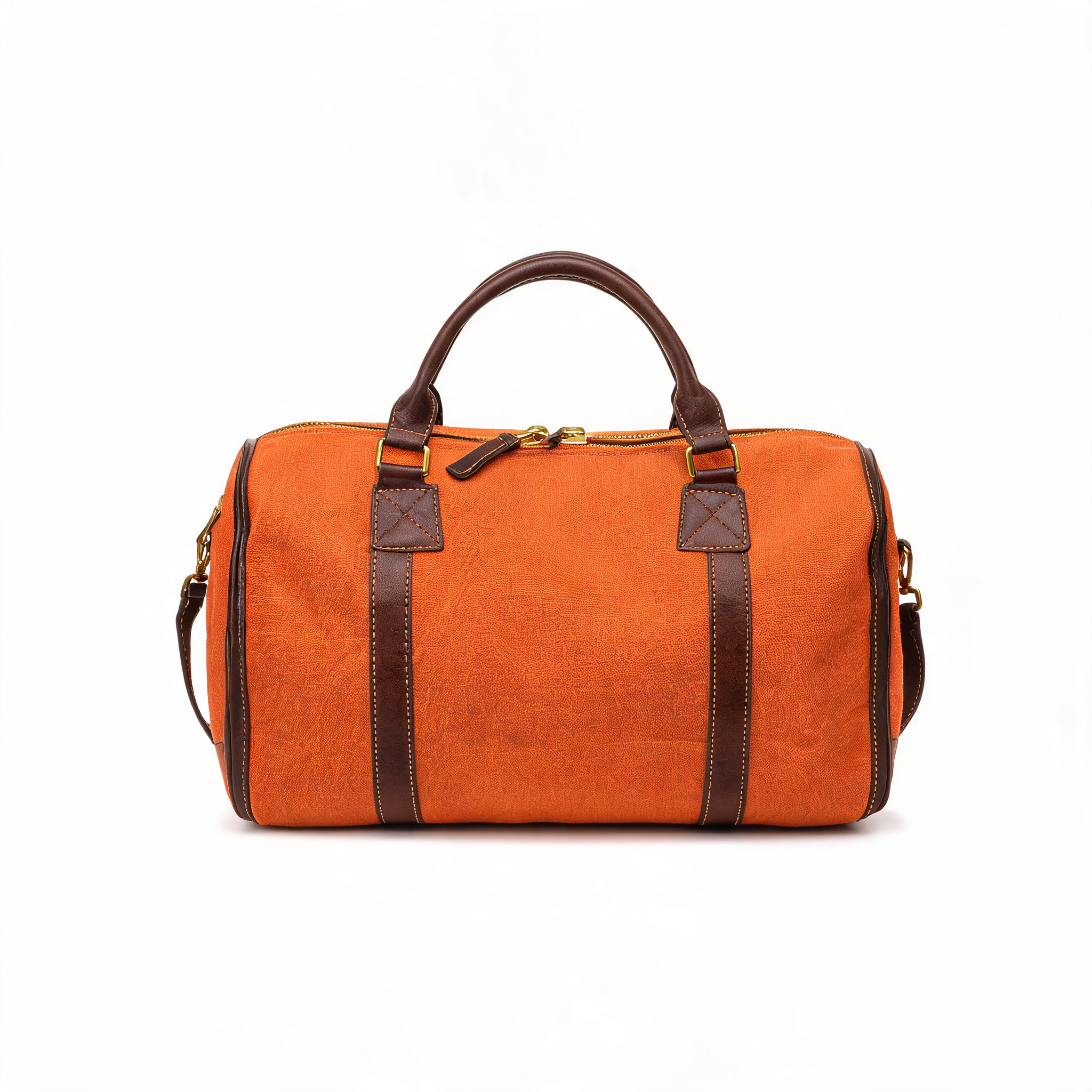 Anchor shot: burnt-orange canvas weekender bag on seamless white background