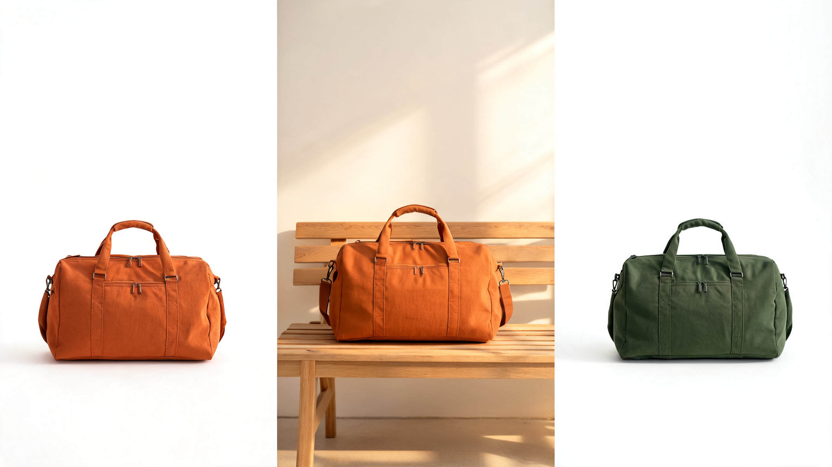 Cover: the same weekender bag as a white-background listing shot, a lifestyle scene, and a green colorway
