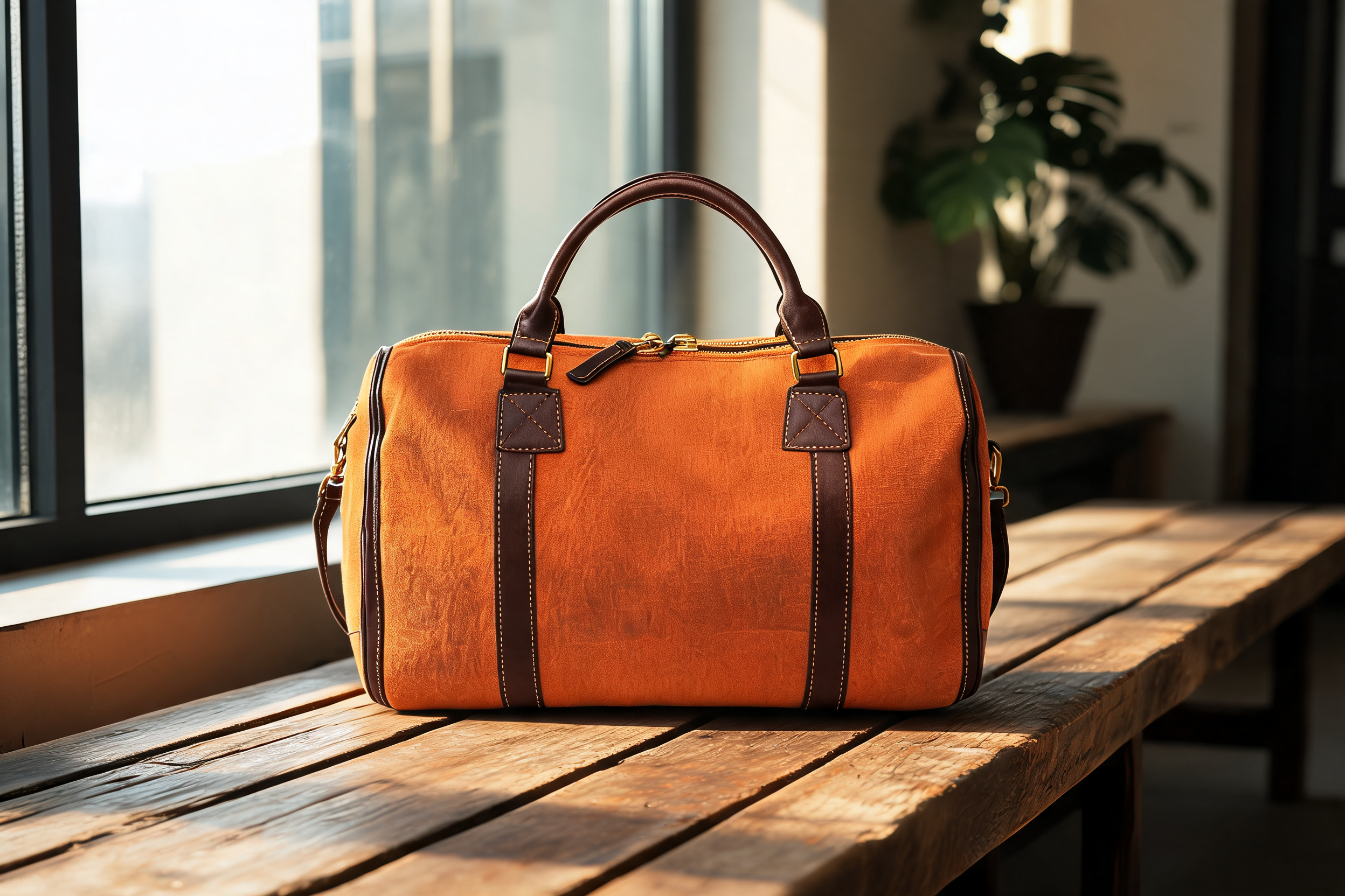 Lifestyle restage: the same weekender bag on a wooden bench in a sunlit loft, product unchanged