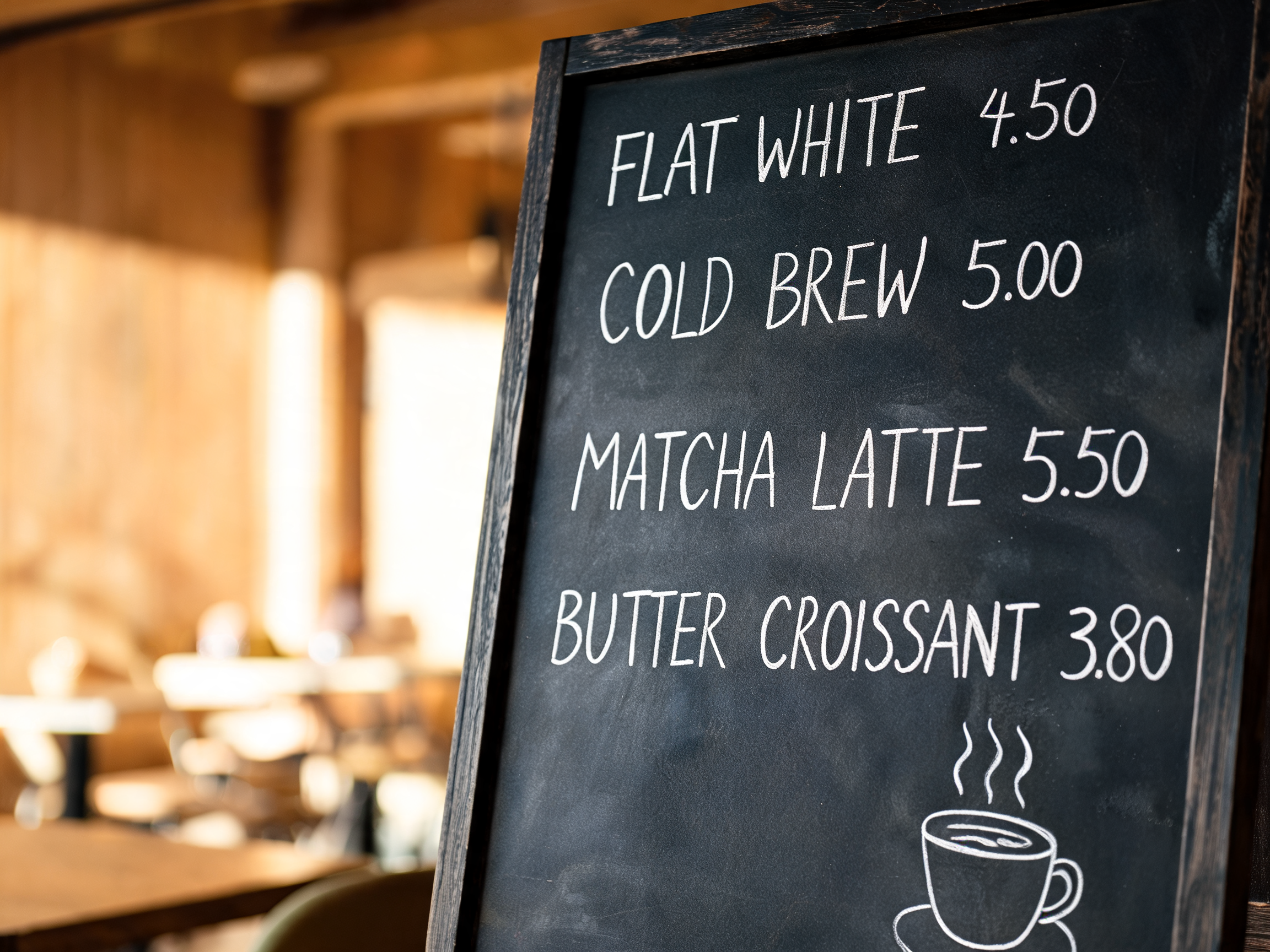 Photorealistic cafe chalkboard menu listing flat white 4.50, cold brew 5.00, matcha latte 5.50 and butter croissant 3.80 in hand-lettered chalk