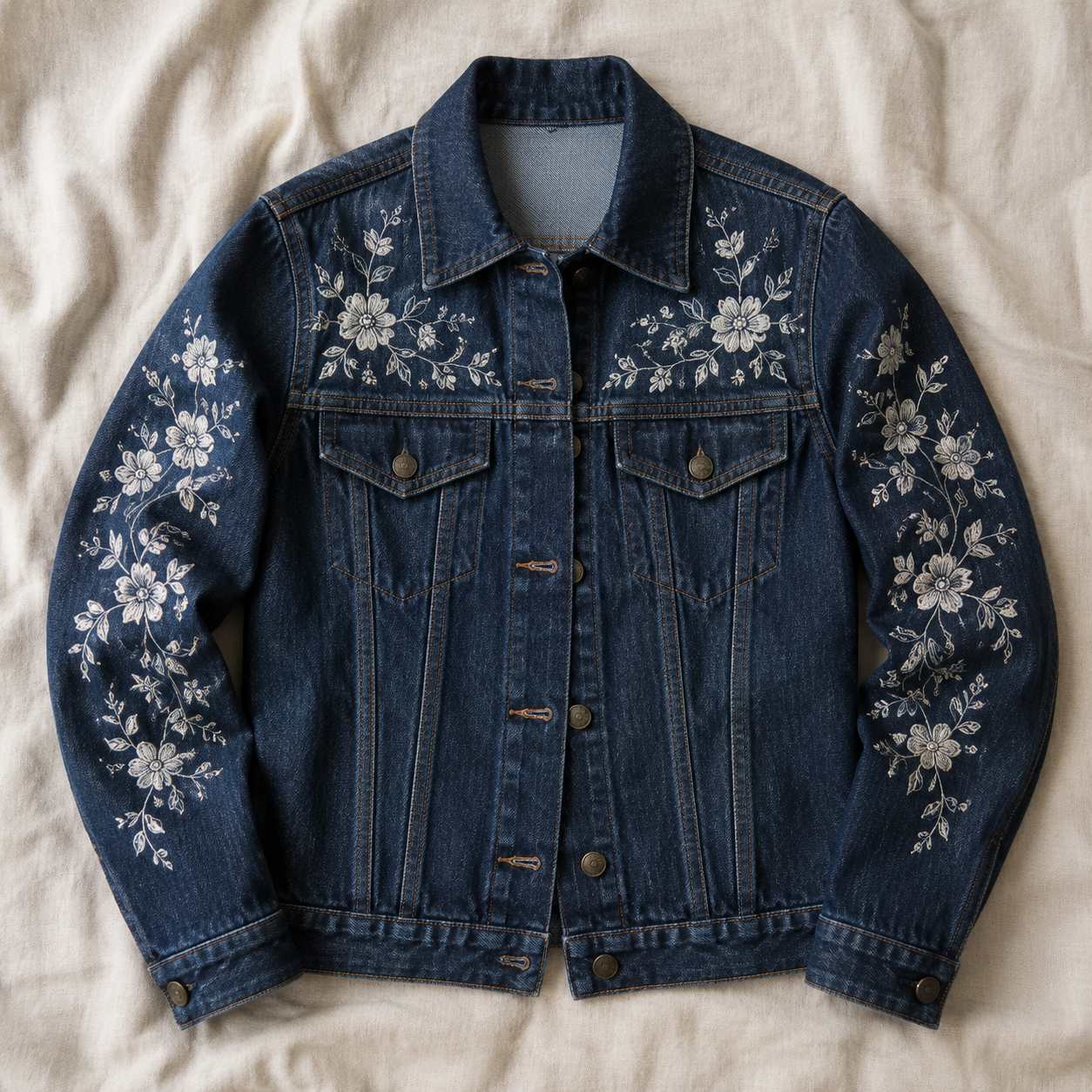 Reference: embroidered indigo denim jacket flat-lay