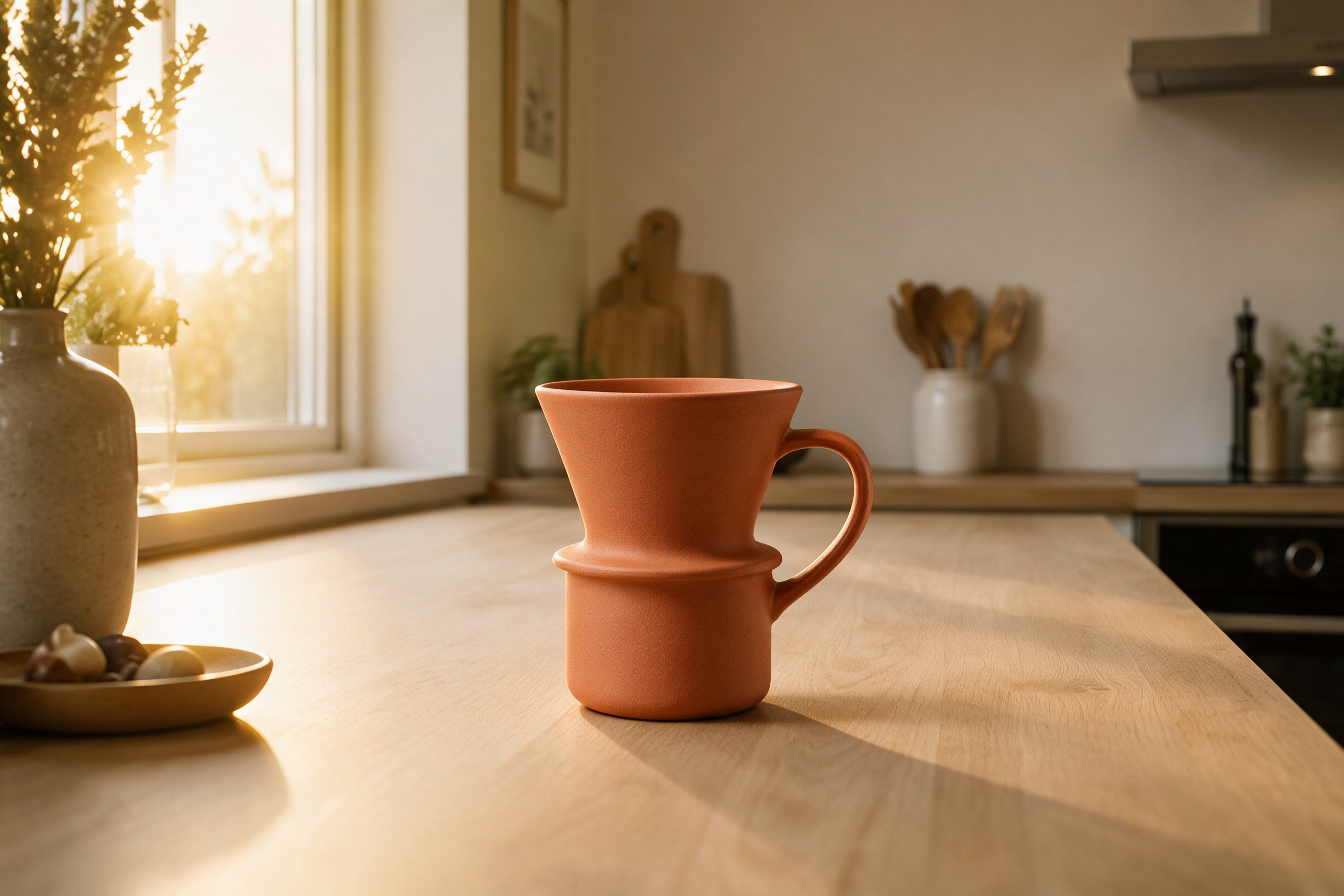 Output: the mug composited onto the kitchen counter, lighting matched