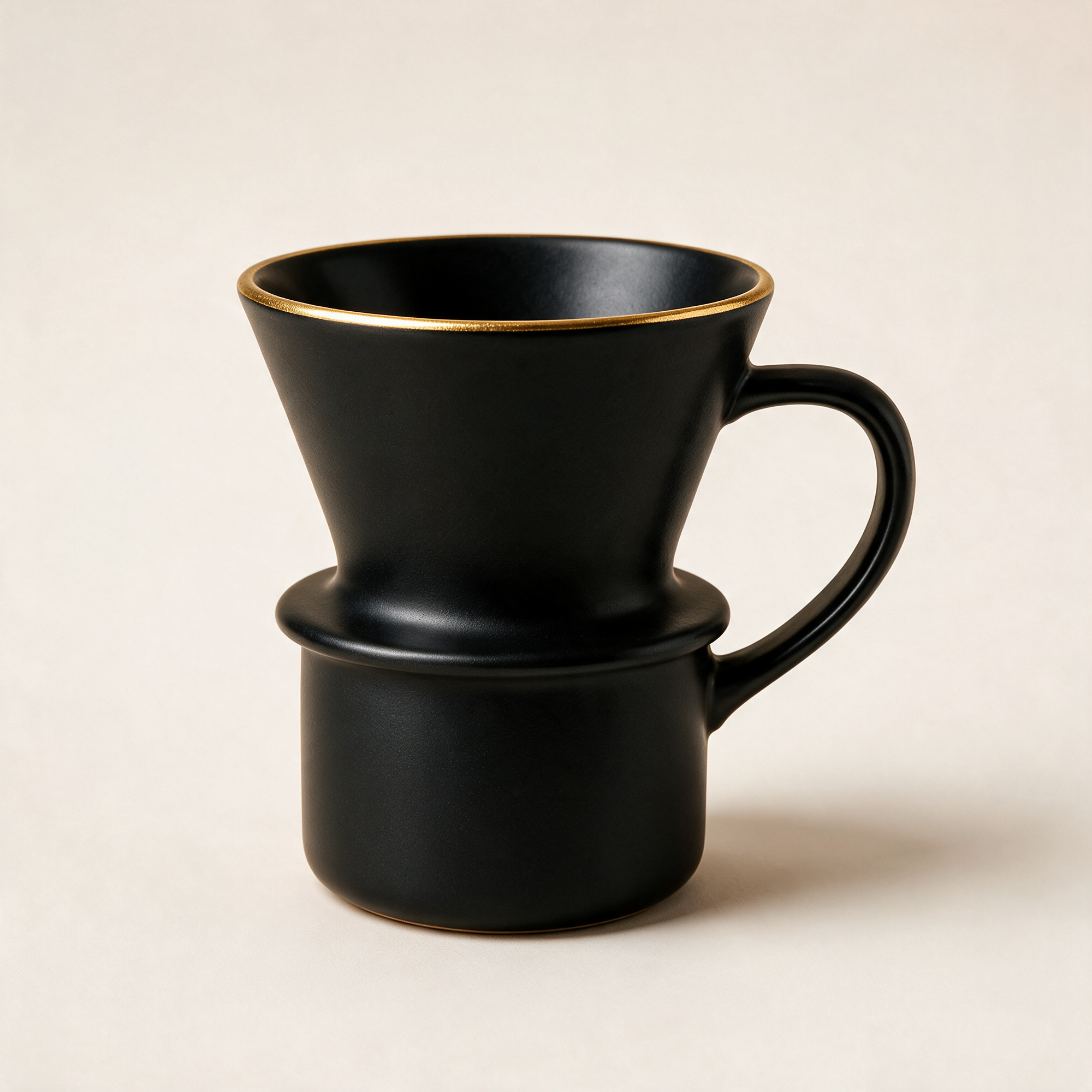 Output: the same mug recolored to matte black with a gold rim