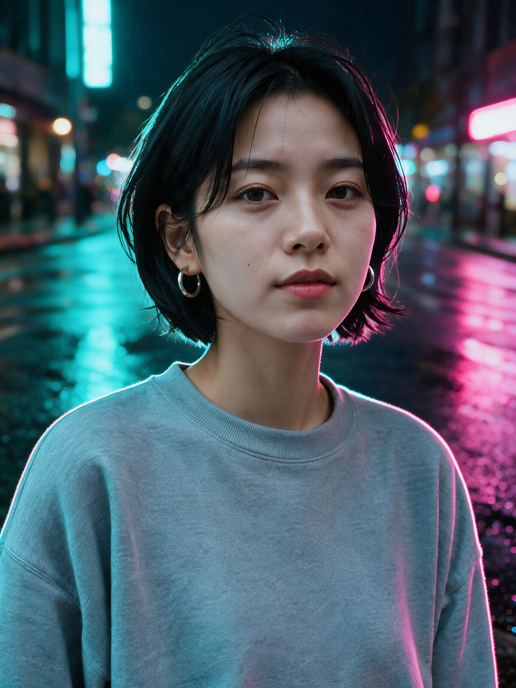 Output: same portrait, background swapped to a neon night street with matching rim light