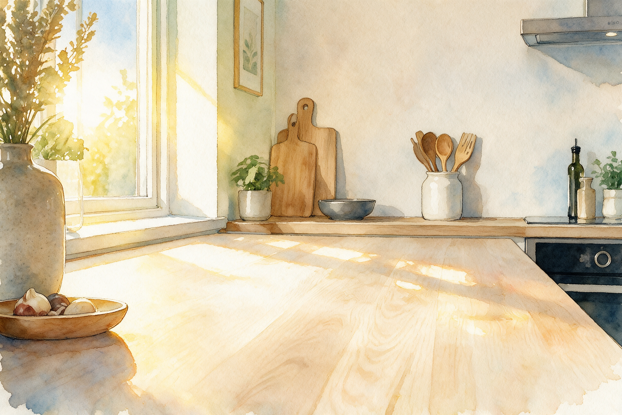 Output: the kitchen photo repainted as a watercolor illustration