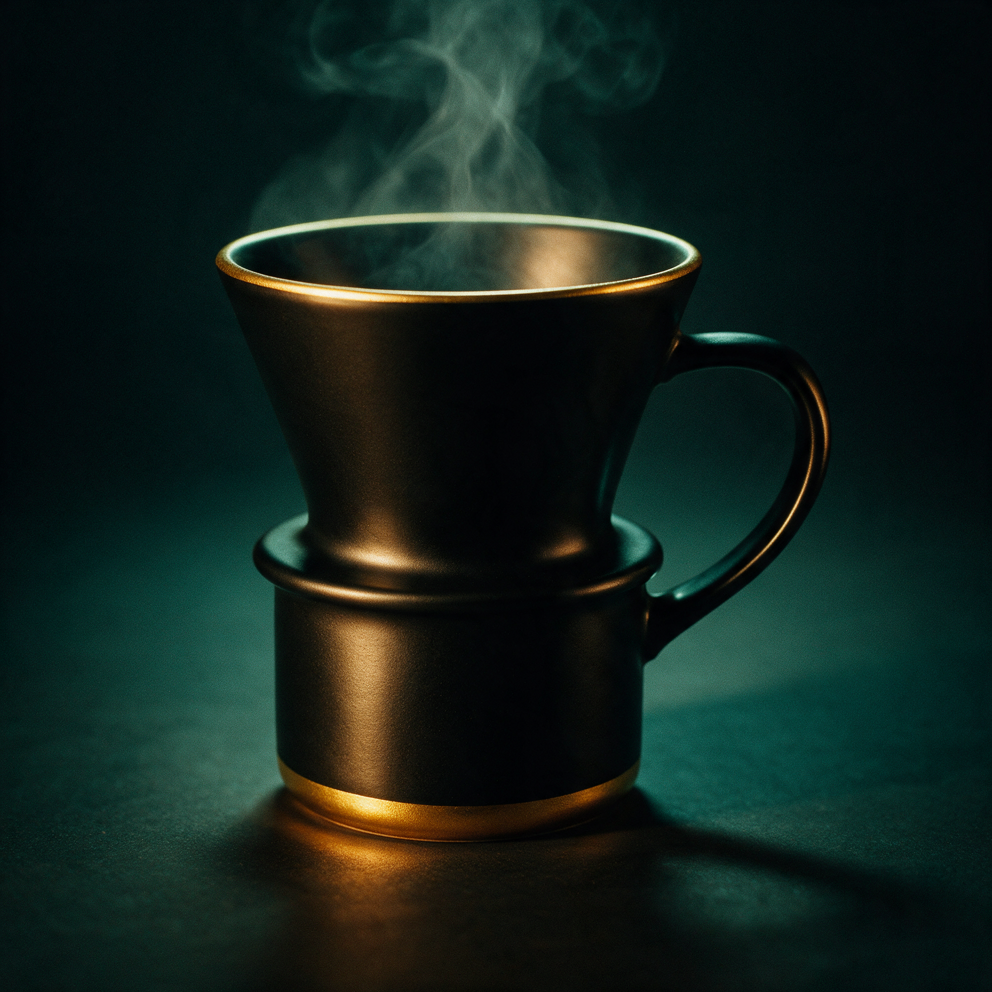 Output: chained edit — the recolored mug graded into a cinematic hero shot with steam