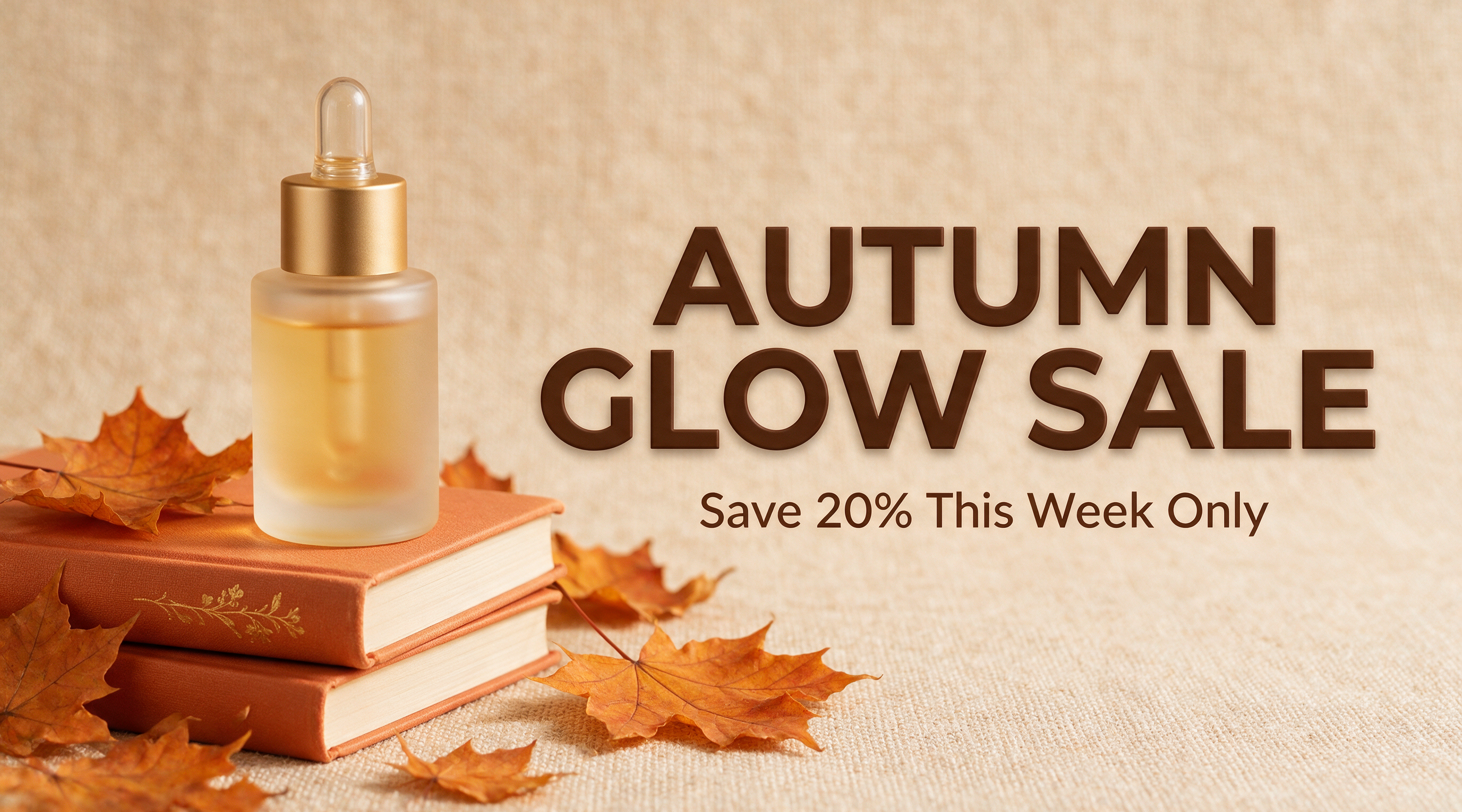 Autumn-themed skincare promo banner with rendered headline text "AUTUMN GLOW SALE" and "Save 20% This Week Only"