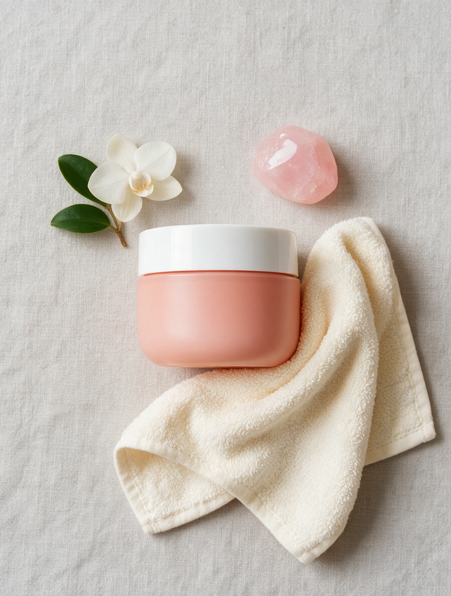 Overhead flat-lay of a pink cosmetic cream jar styled with an orchid bloom and rose quartz stone on linen