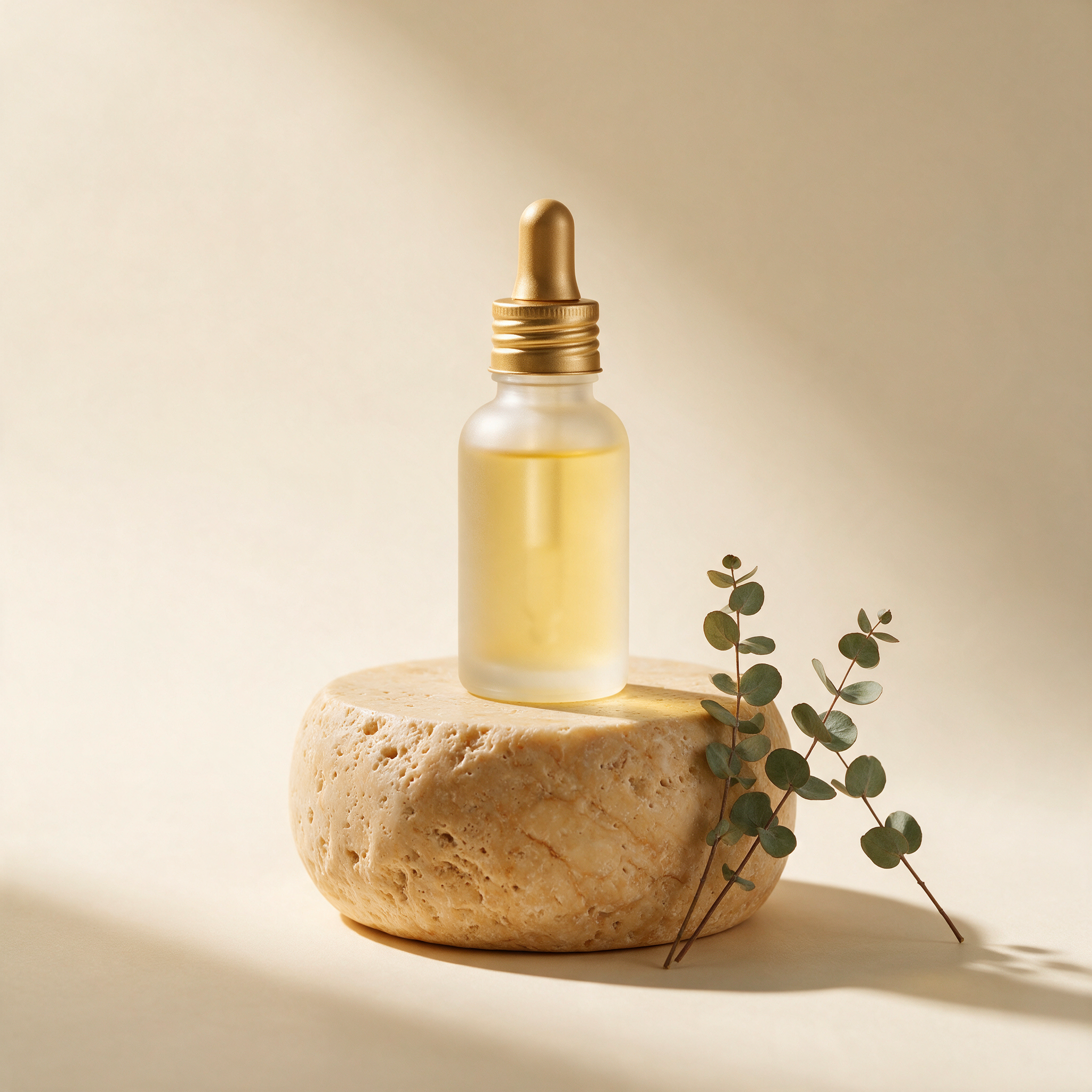 Frosted amber glass serum bottle with gold dropper cap on a stone pedestal, studio product photography