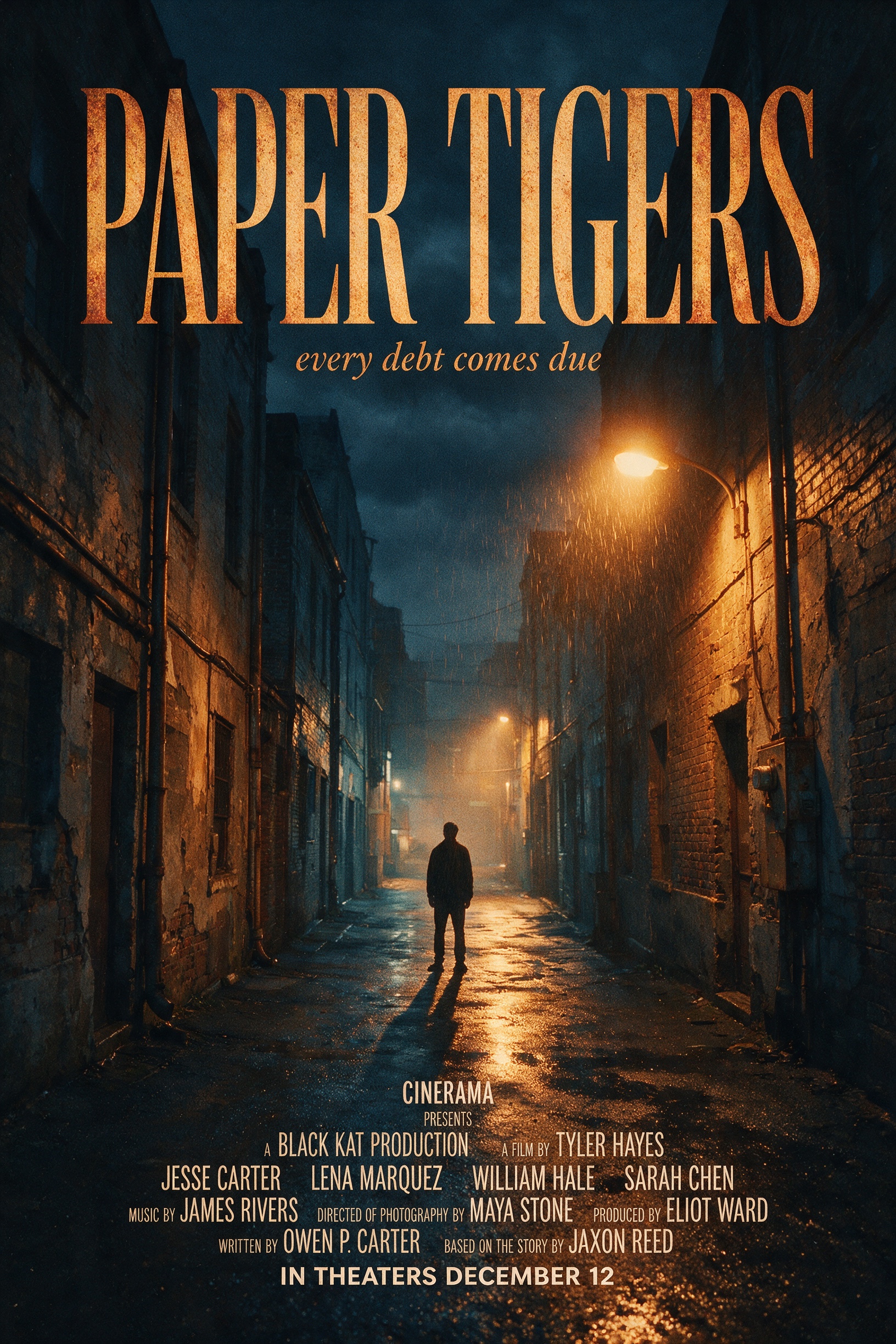 Neo-noir movie one-sheet with the title PAPER TIGERS in condensed serif capitals, italic tagline, credits block and release line IN THEATERS DECEMBER 12