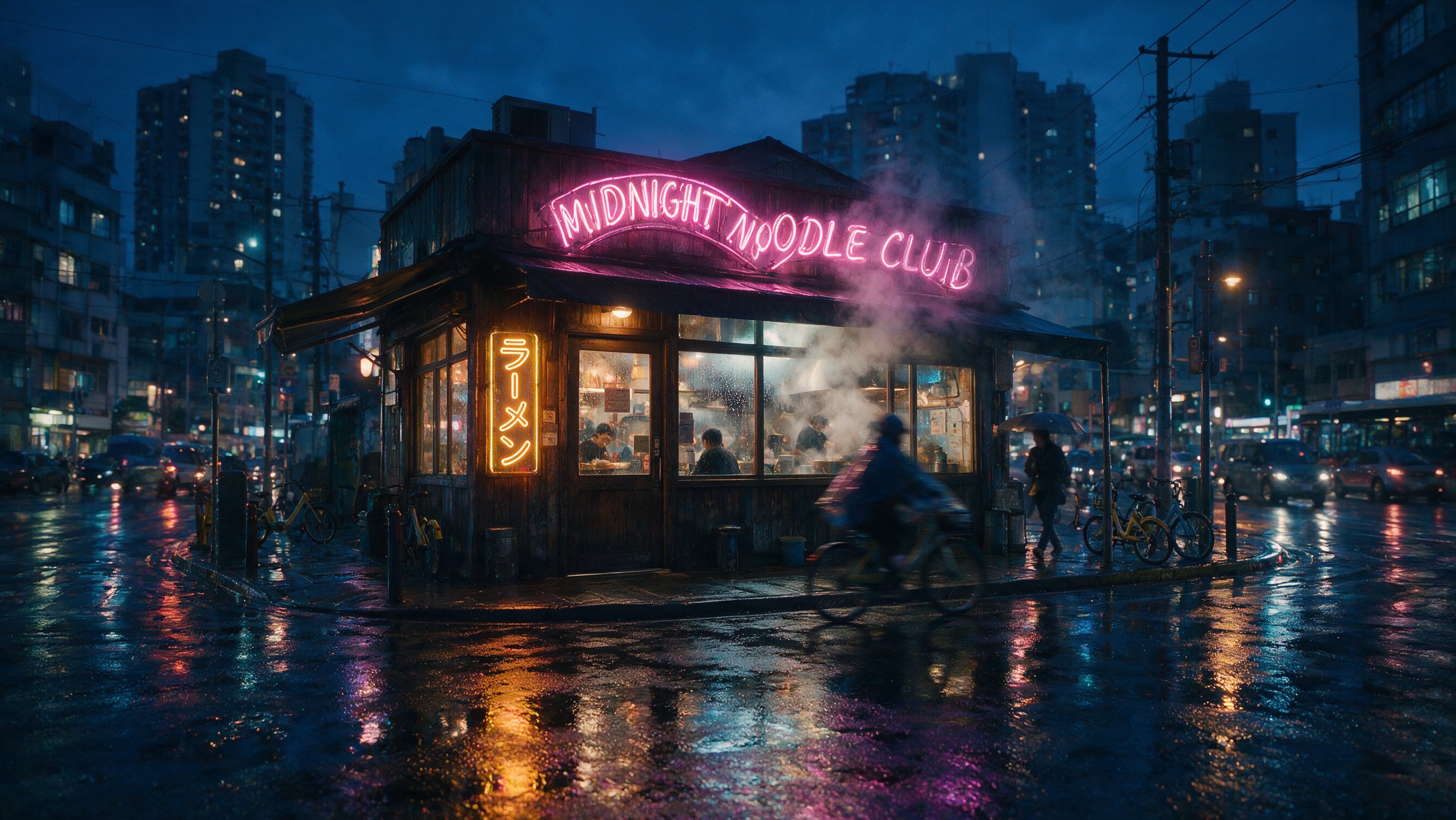 Rainy street corner with pink neon sign MIDNIGHT NOODLE CLUB and vertical yellow katakana ramen sign