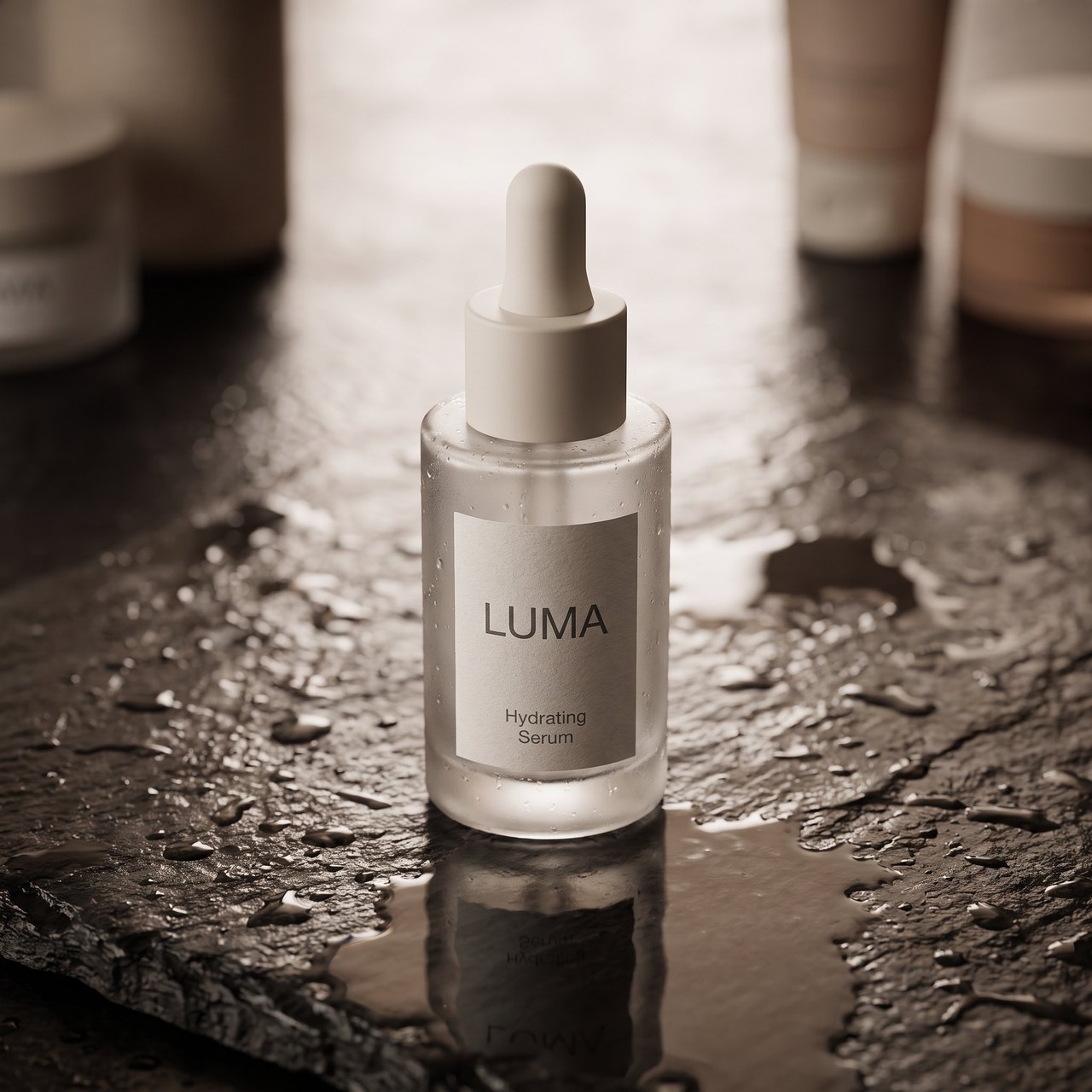 Nano Banana Pro serum bottle in a moody editorial setting with reflections