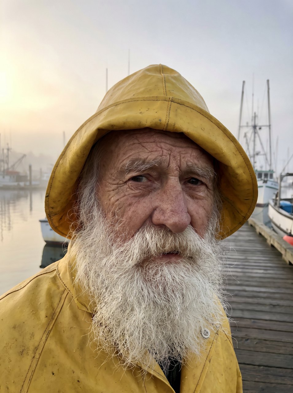 Nano Banana Pro natural documentary portrait of a fisherman at a foggy harbor