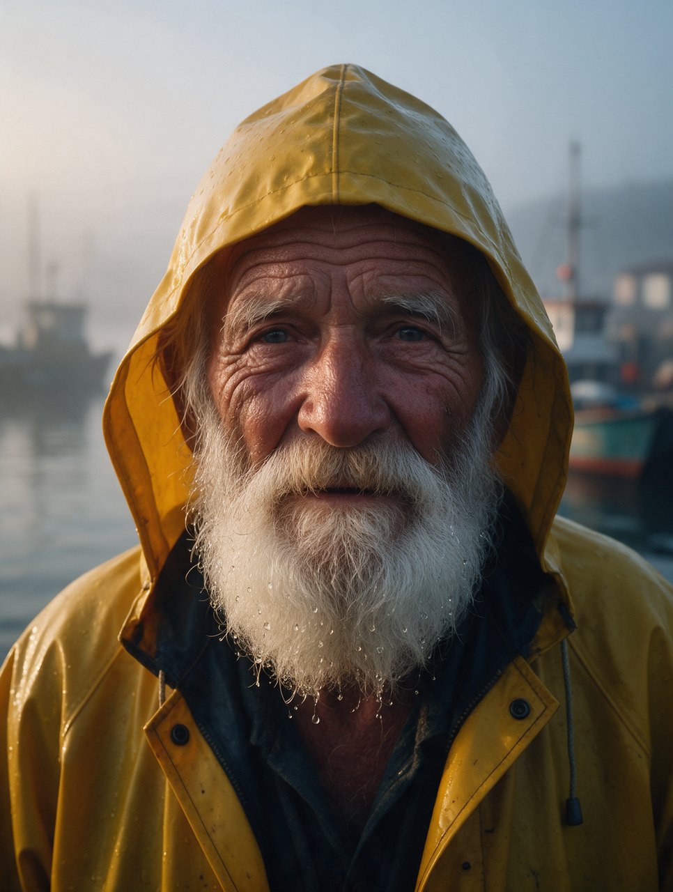 Seedream 5.0 Pro cinematic portrait of a fisherman with water droplets in his beard