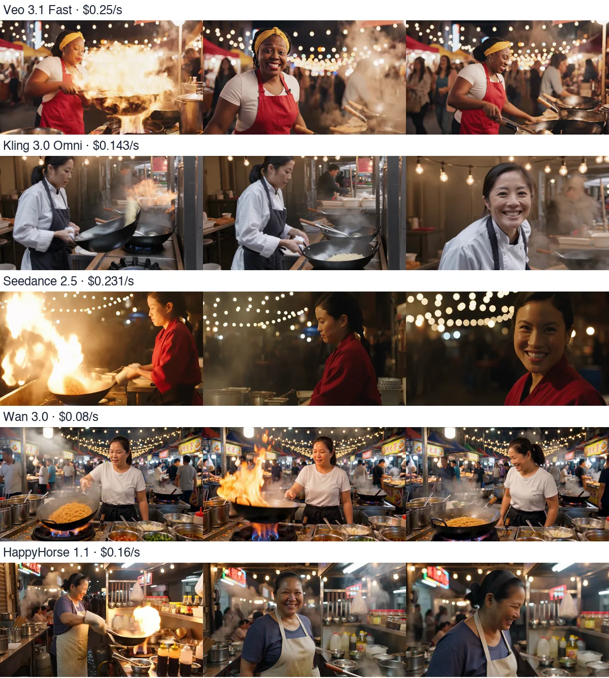 Frames at 1, 4 and 7 seconds from each model