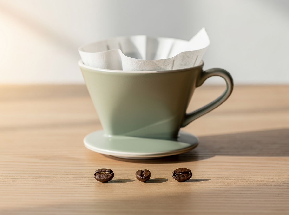 flux-2 output: photorealistic sage-green pour-over dripper with three coffee beans in a row