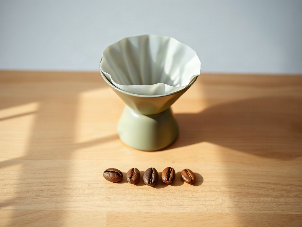 flux-schnell output: stylized green vessel with five coffee beans in a row