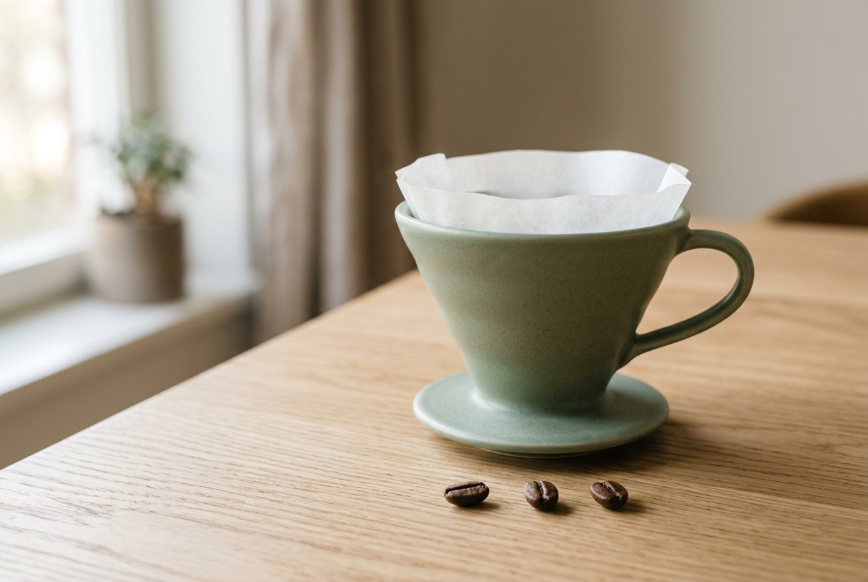 nano-banana-2 output: sage-green dripper, paper filter, three beans, warm window light