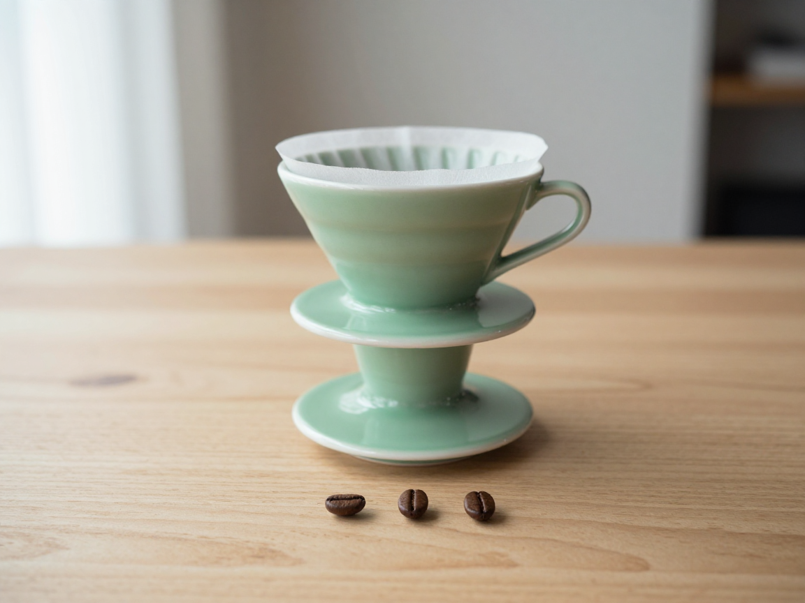 z-image output: mint-green dripper with filter and three coffee beans