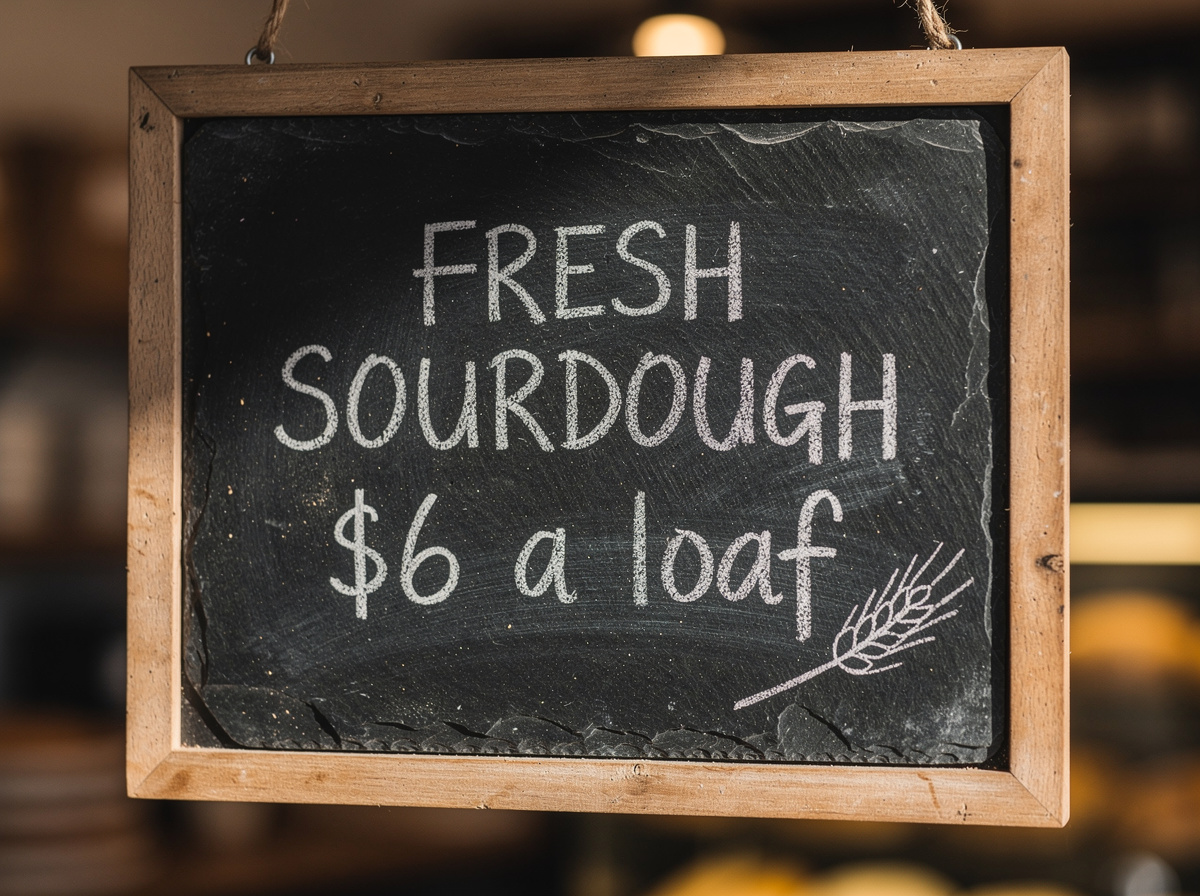 flux-2 output: slate bakery chalkboard reading FRESH SOURDOUGH $6 a loaf with wheat sprig