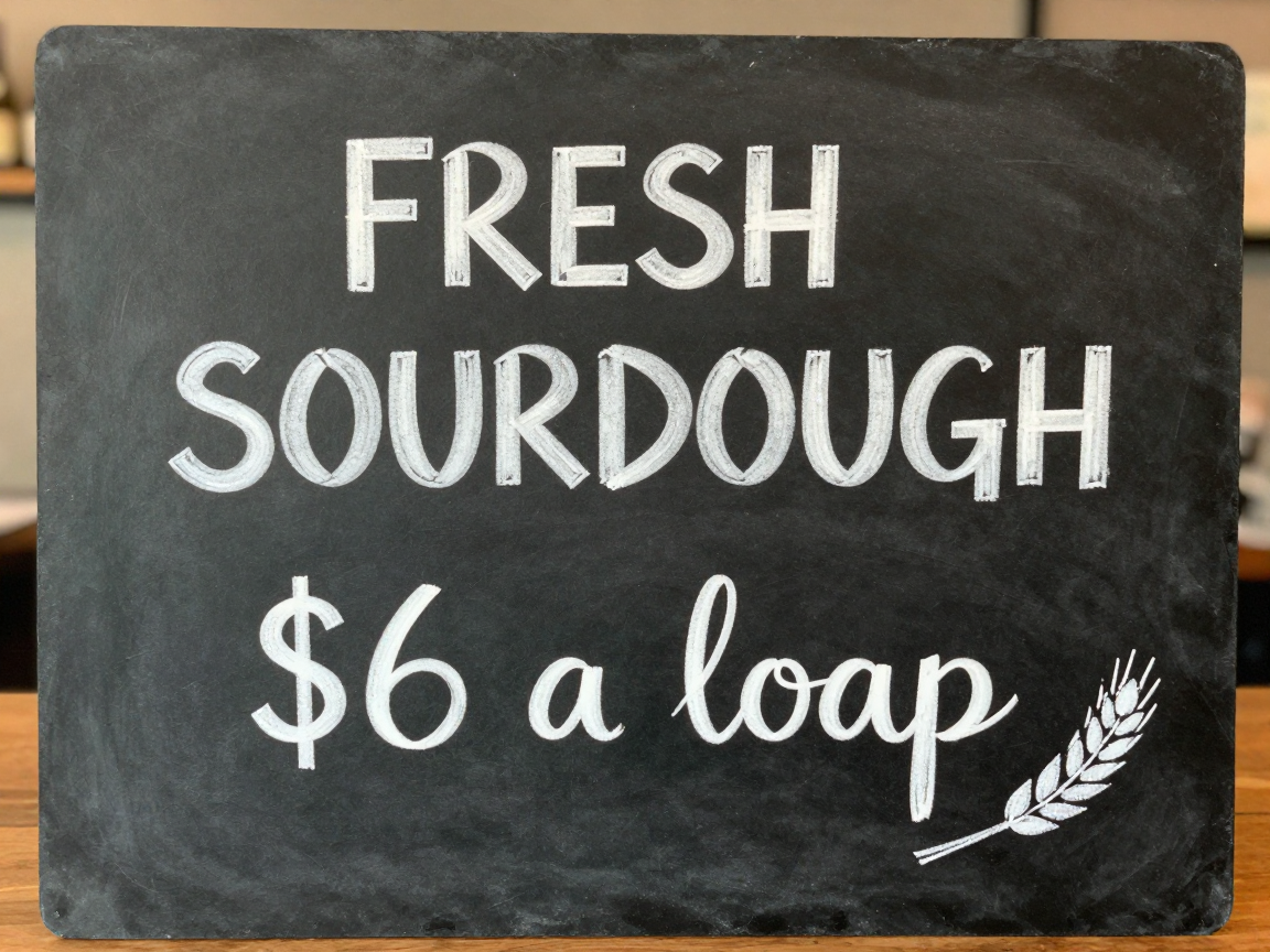 z-image output: chalkboard reading FRESH SOURDOUGH $6 a loap