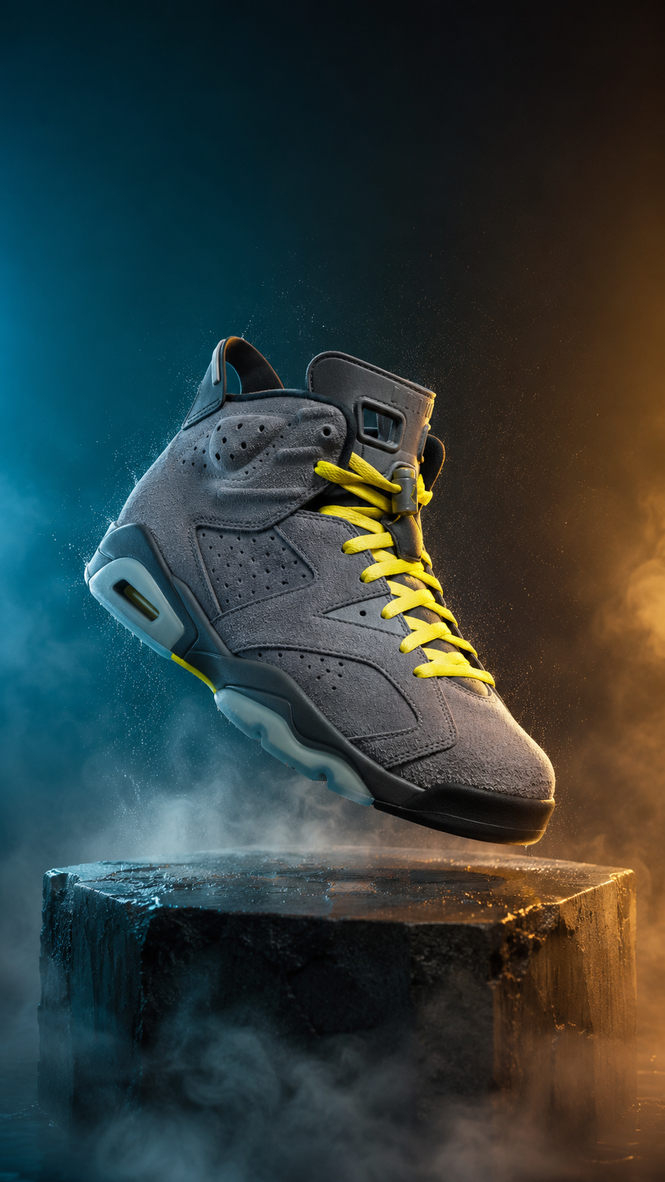 Source still: a wolf-gray suede sneaker with volt yellow laces floating above a wet stone pedestal, 9:16 vertical