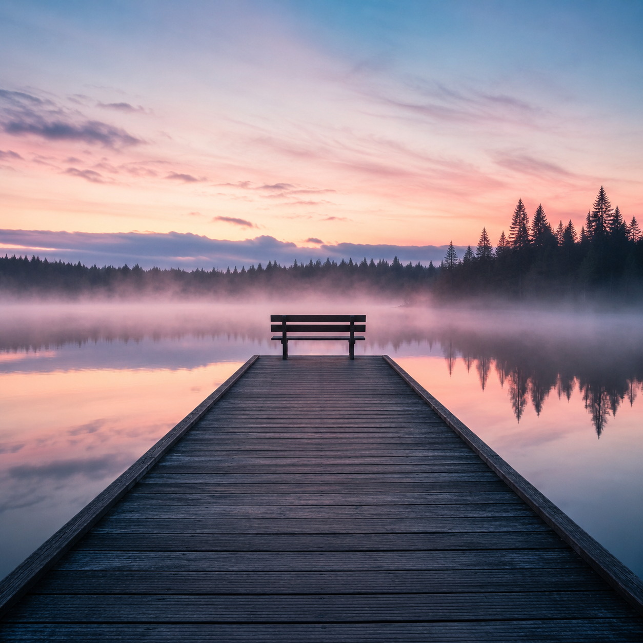 Wooden pier over a misty lake at dawn with silhouetted trees and a pink sky