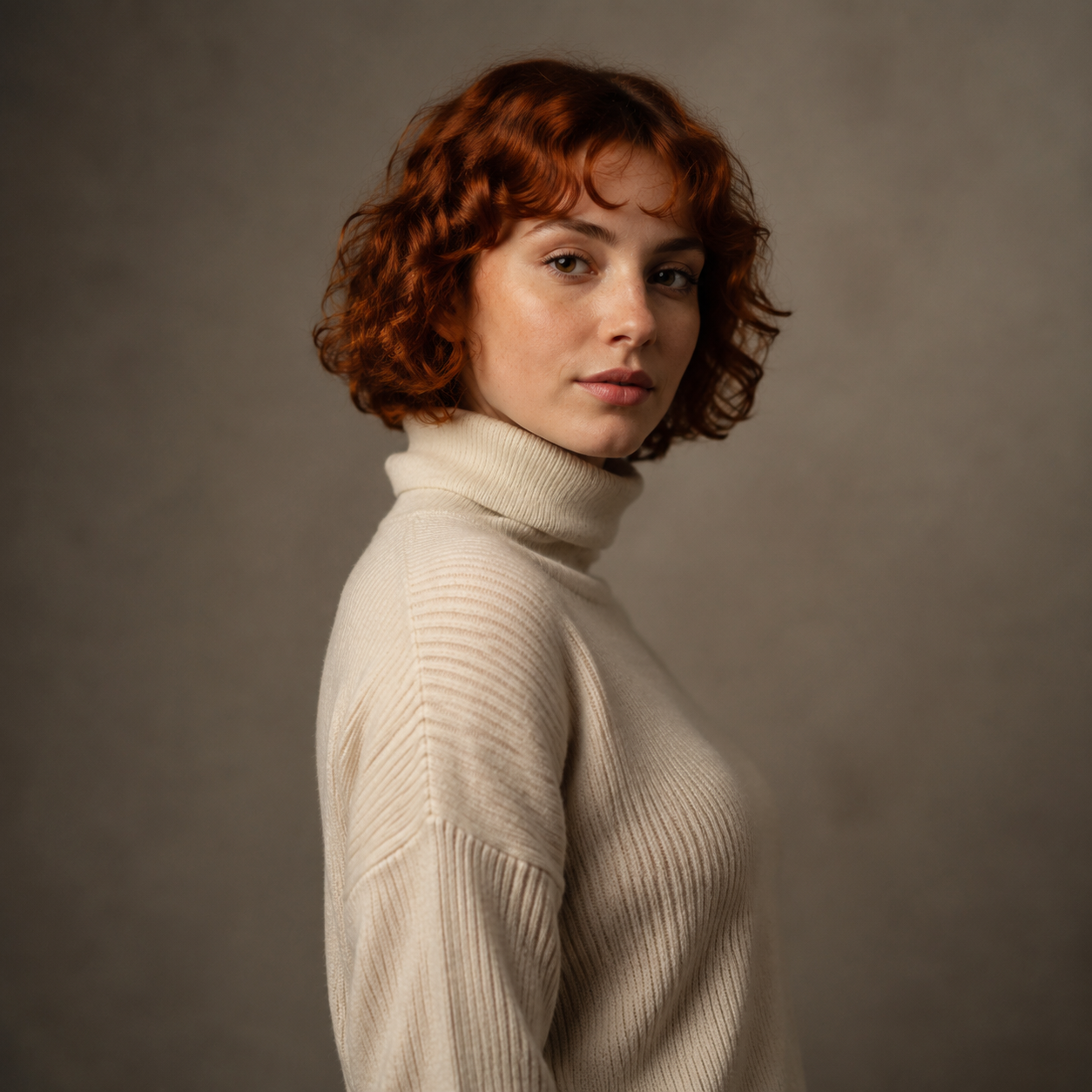 Studio portrait of a woman in a cream turtleneck against a gray backdrop, three-quarter angle, neutral expression