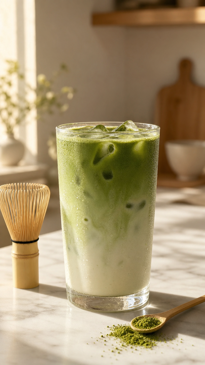 Vertical studio photo of an iced matcha latte in a clear glass on white marble, with a bamboo whisk and matcha powder beside it