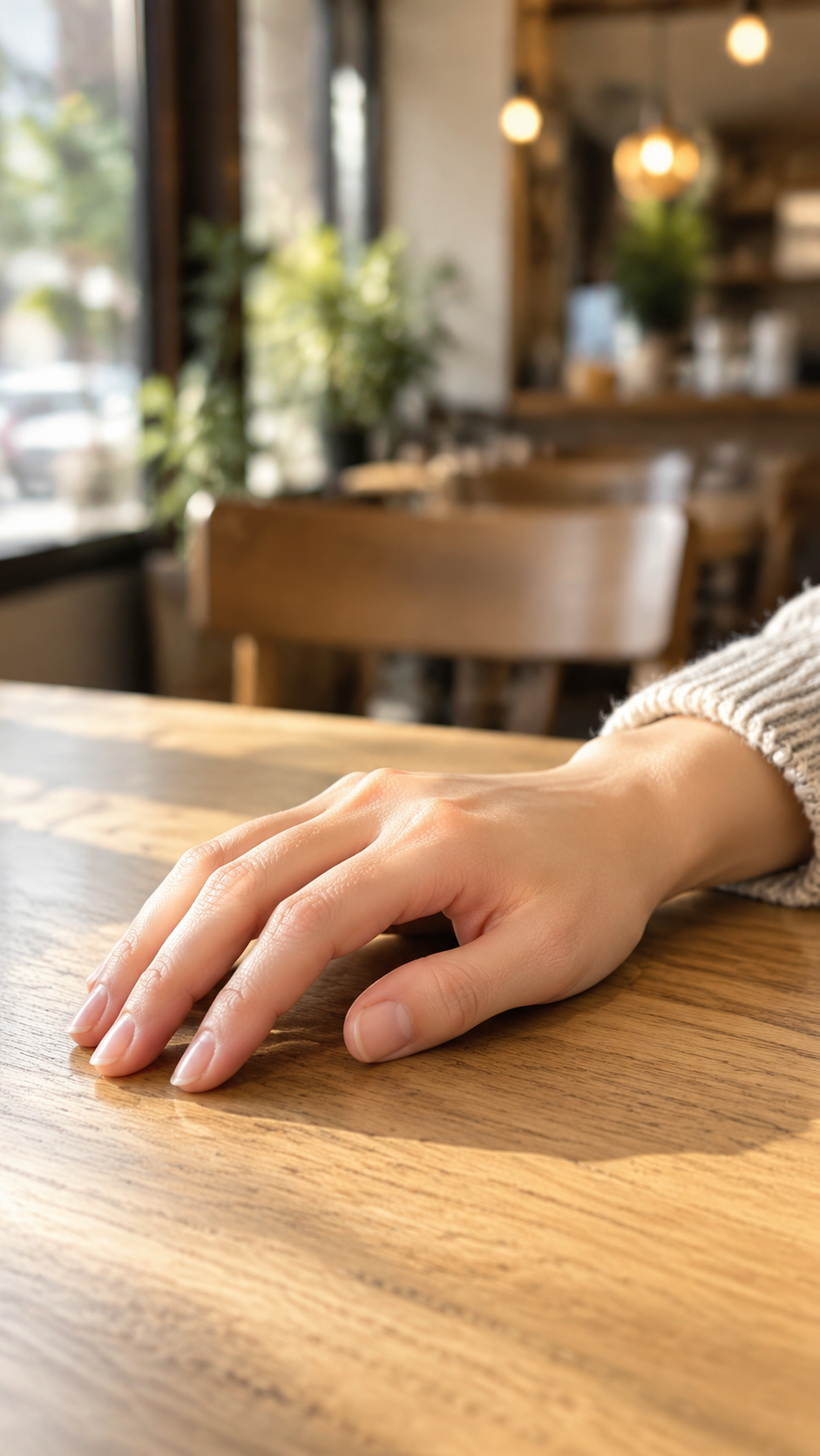 Hand on a wooden cafe table reference