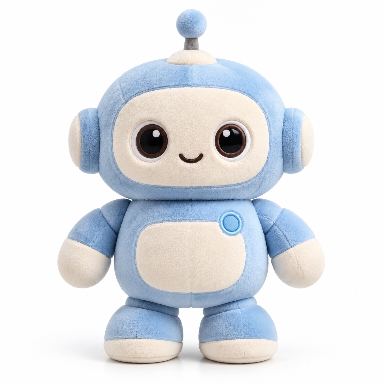 Reference 1: pastel blue plush robot toy on white