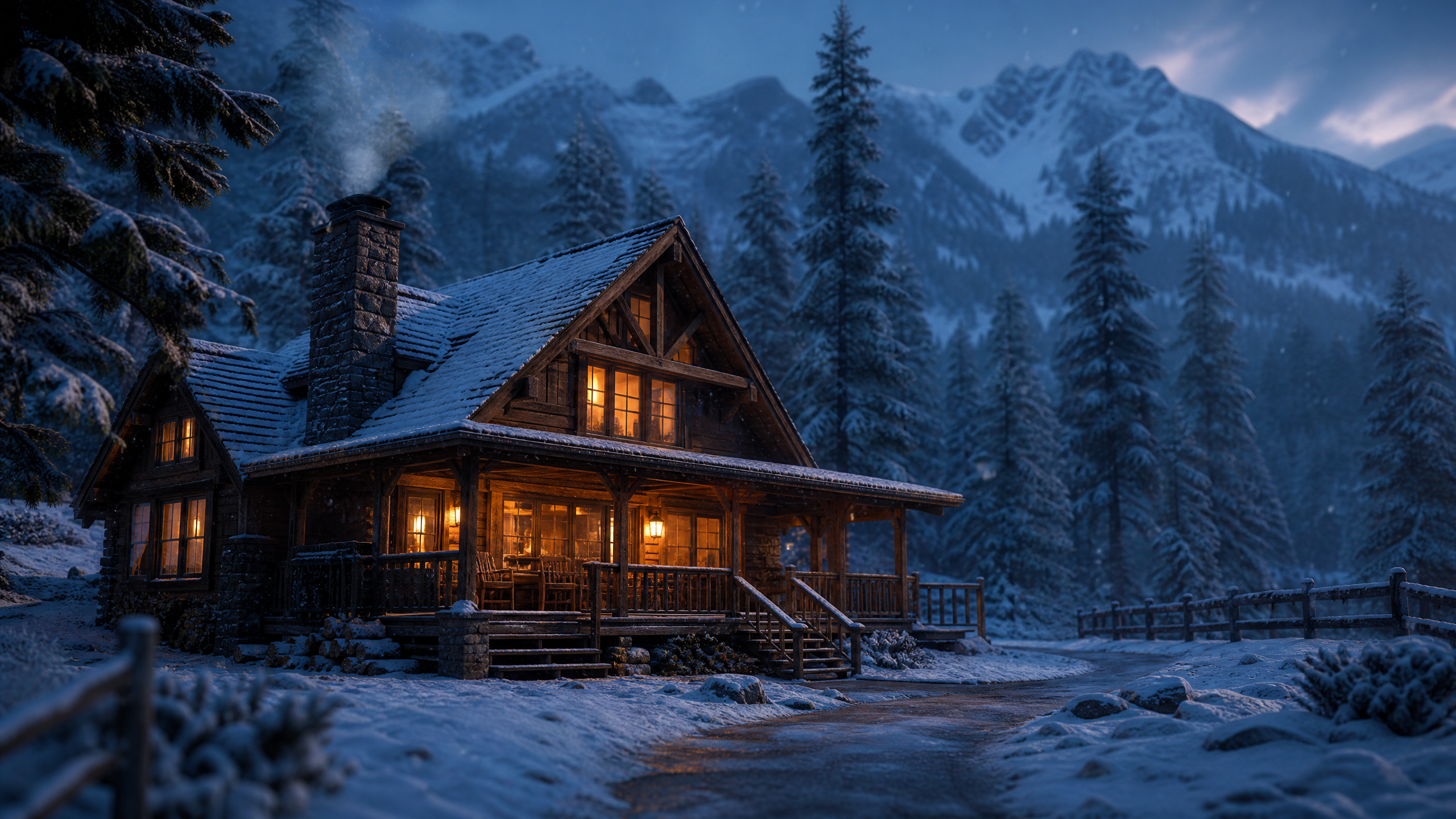 First frame: a cozy timber mountain cabin at dusk with a lit, frosted window