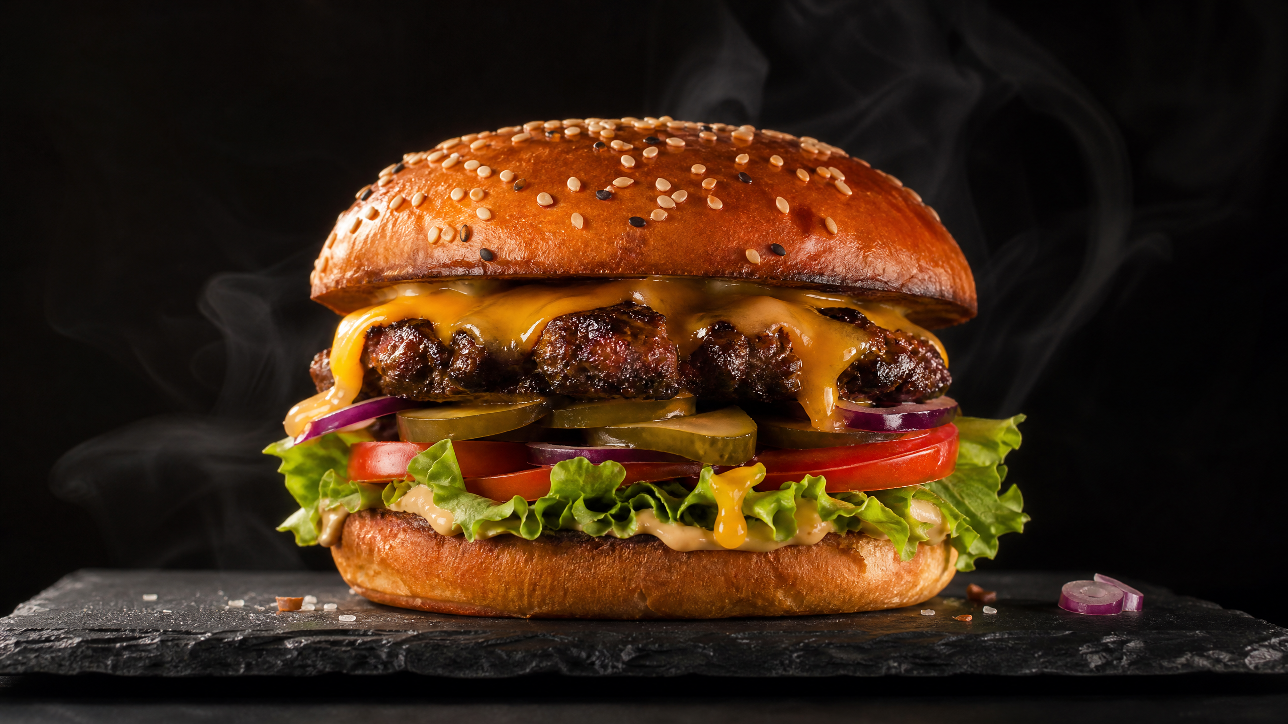 First frame: a gourmet smash burger on dark slate under dramatic side light
