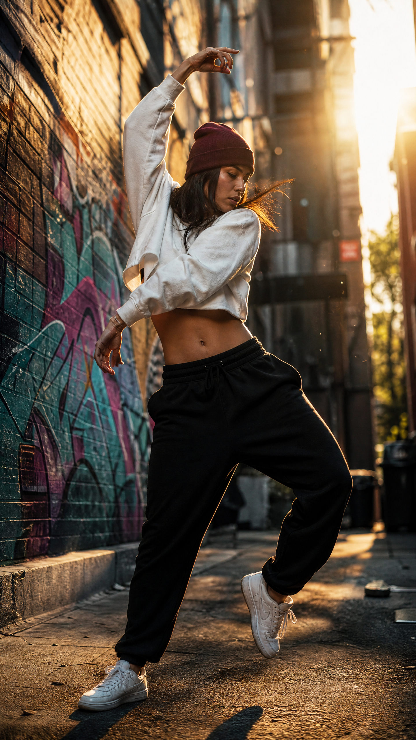 First frame: a street dancer frozen mid-pose in an alley at golden hour, vertical