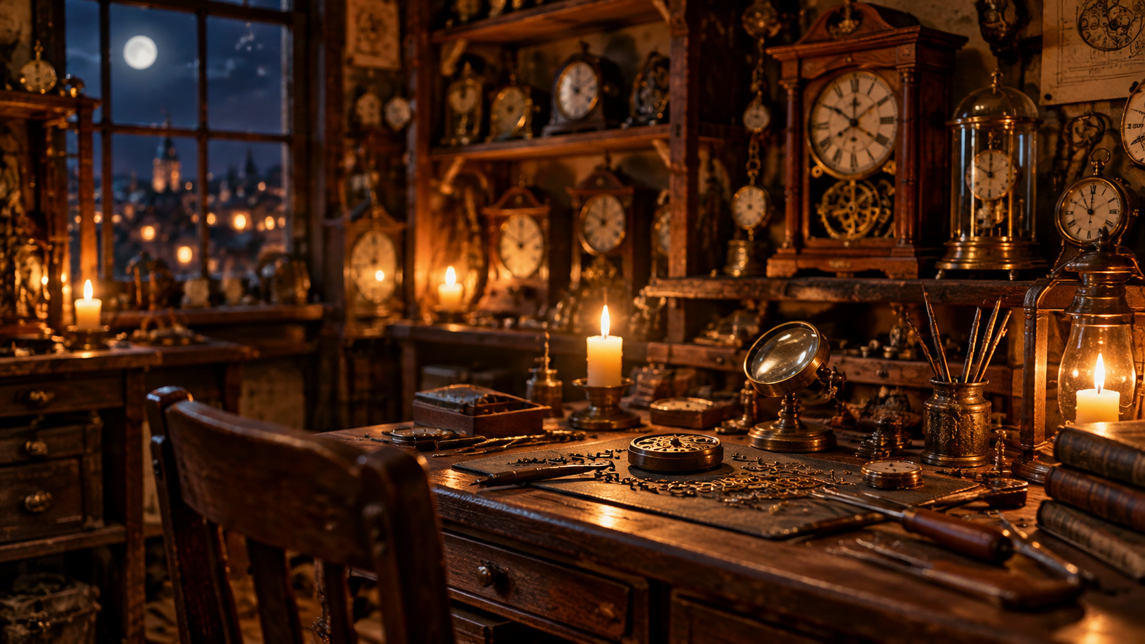 Candlelit clockmaker workshop reference