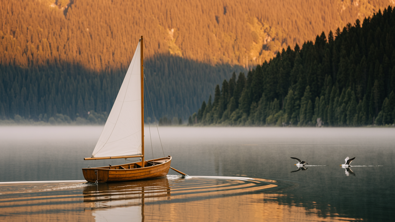 Wan 2.7 Image Pro output: a wooden sailboat drifting on a calm mountain lake at golden hour, with mist over the water and pine-covered hills in the background