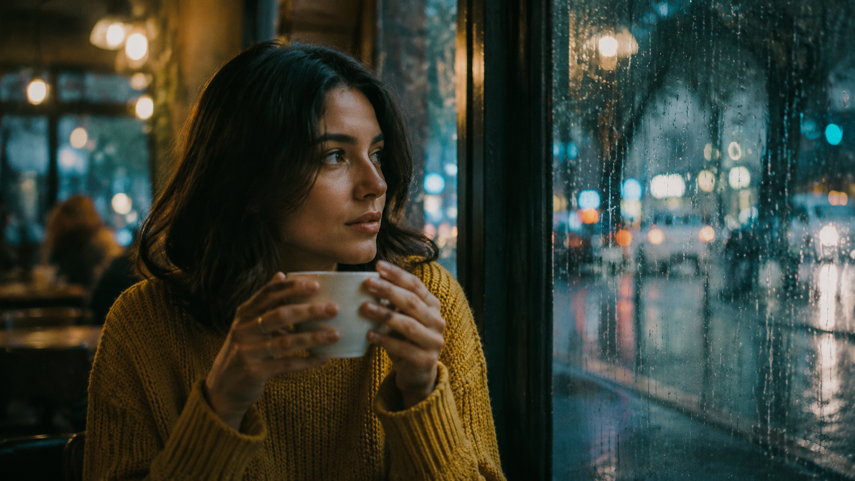Input frame: woman in mustard sweater holding a cup by a rainy cafe window