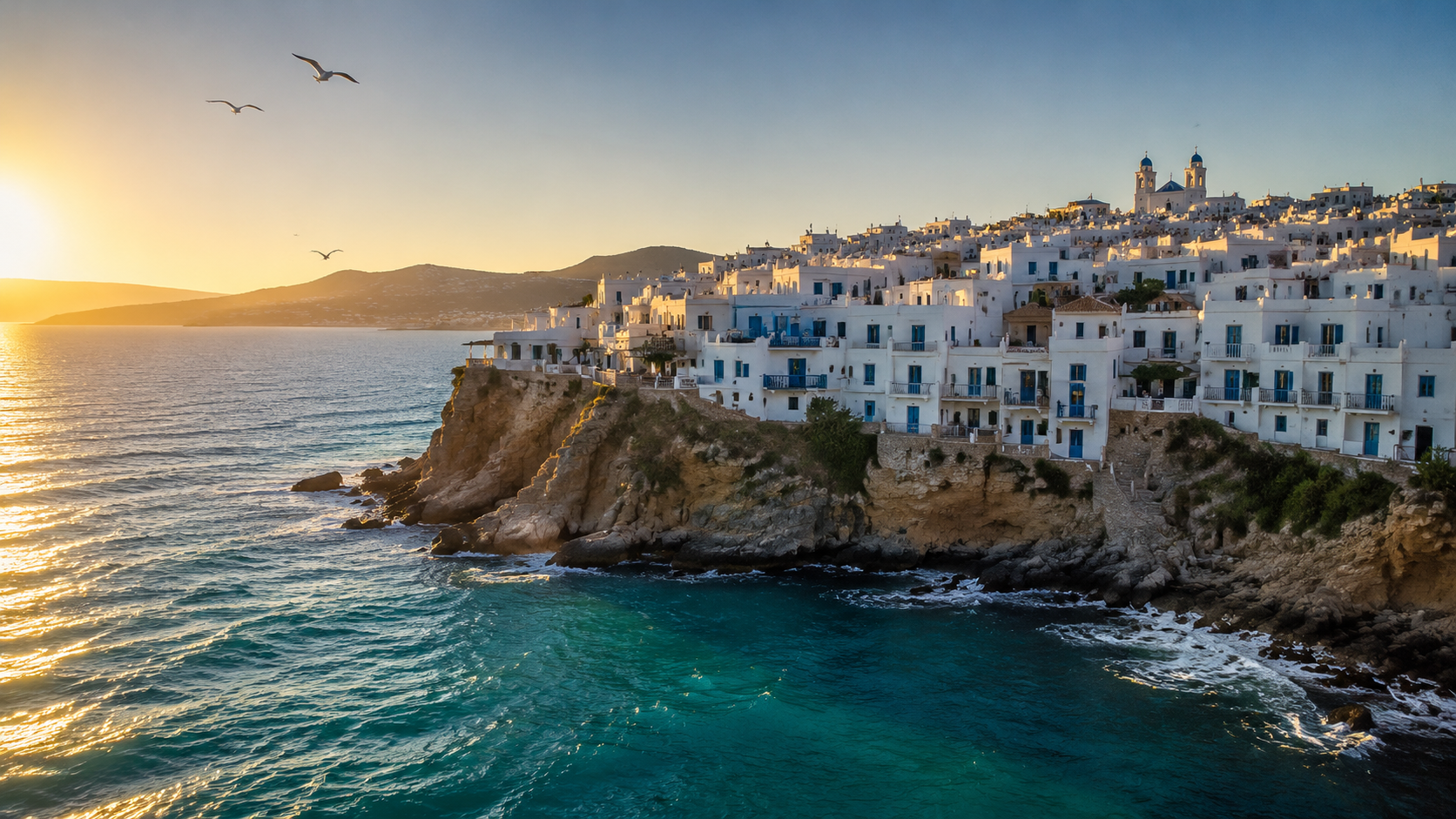 Input frame: Mediterranean cliffside village at golden hour, shot from over the water
