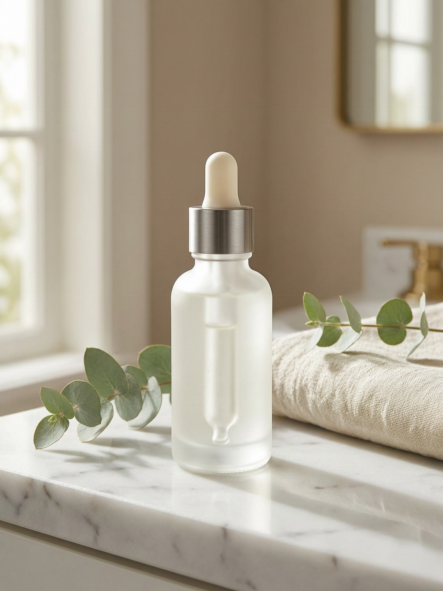 Serum bottle on a marble bathroom counter with linen towel and eucalyptus in soft window light
