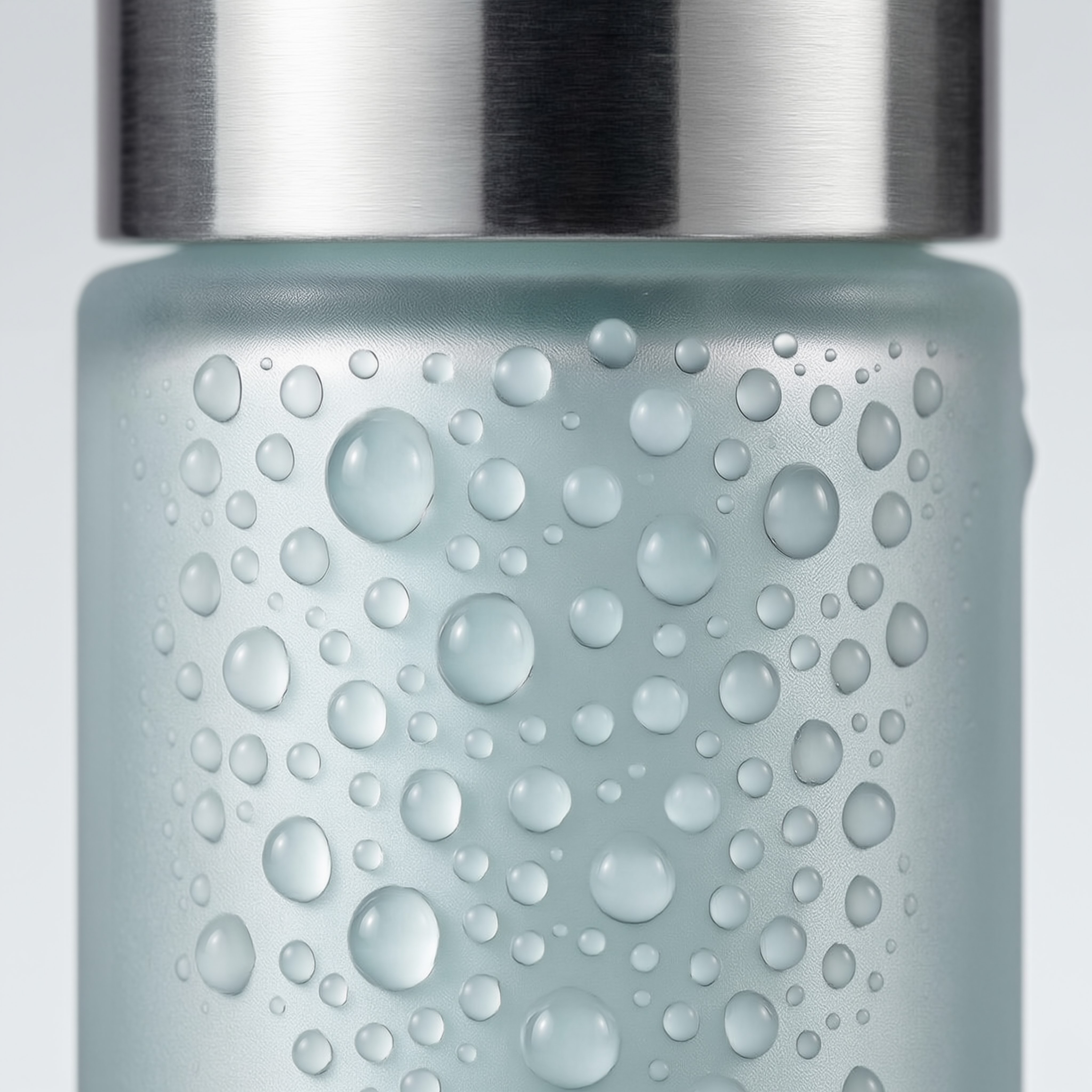 4K macro of water droplets on frosted glass with a brushed aluminum cap edge