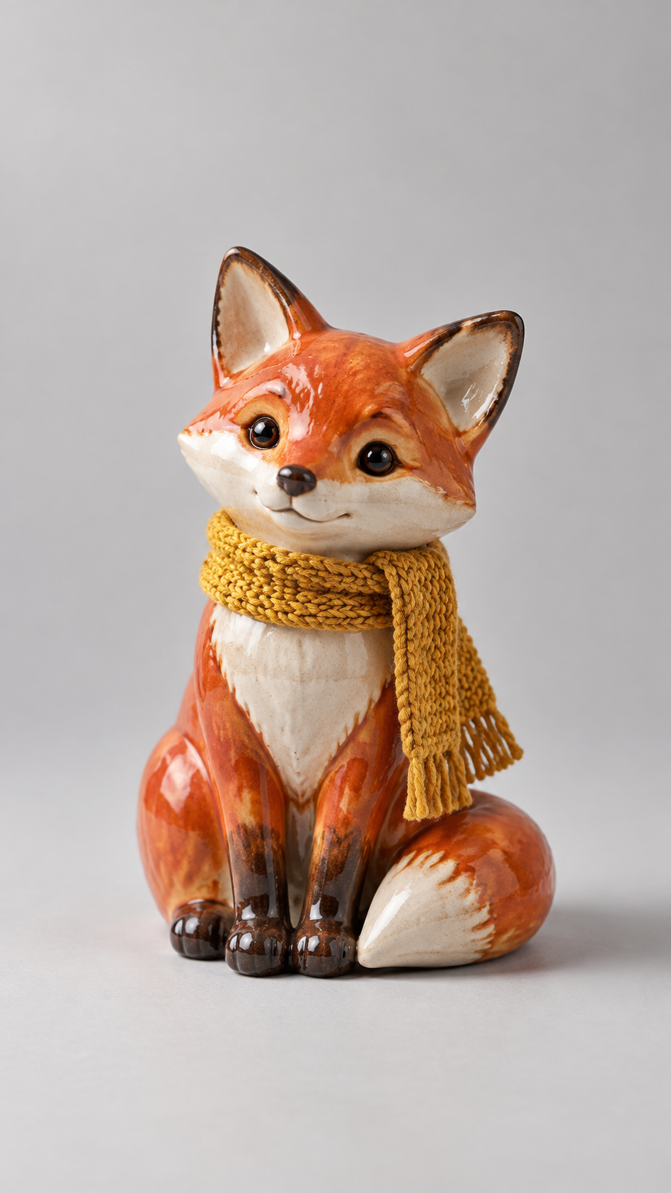 Reference still of a ceramic fox figurine with a mustard knitted scarf on a seamless grey backdrop